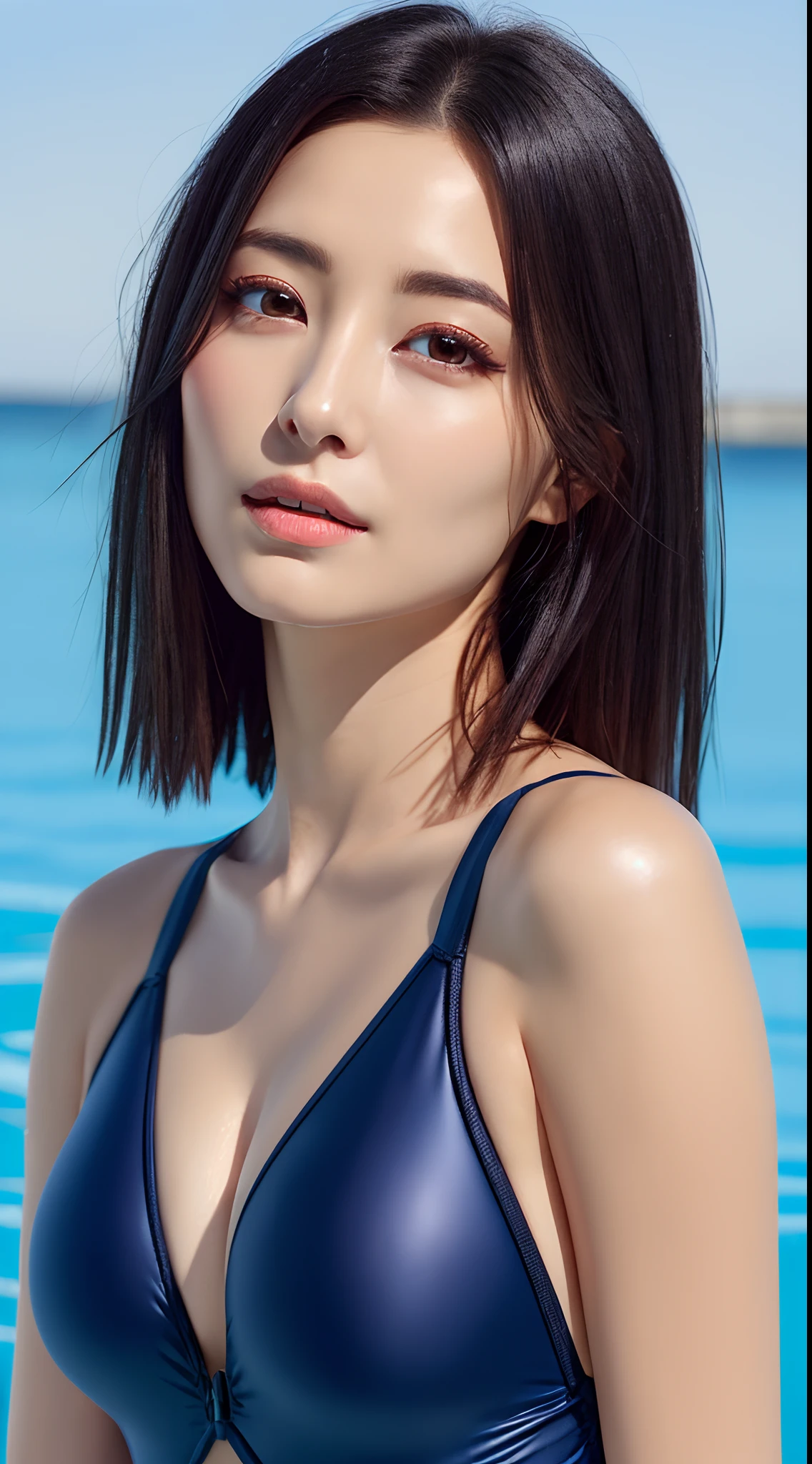 in 8K、超A high resolution、Best Quality、masutepiece、The ultra -The high-definition(quite massive chest、big butts)(Hide all breasts and belly、High Leg Swim Racing Suit、onepiece swimsuit)Beautiful sandy beach 、(Black hair short bob、Straight hair、Japan woman in her 20s、Adult bewitching woman、Toned body、long legged、Realistic face、Big dark eyes、drooing eyes、Crisp double eyelids、a small face、ighly detailed)shinny skin