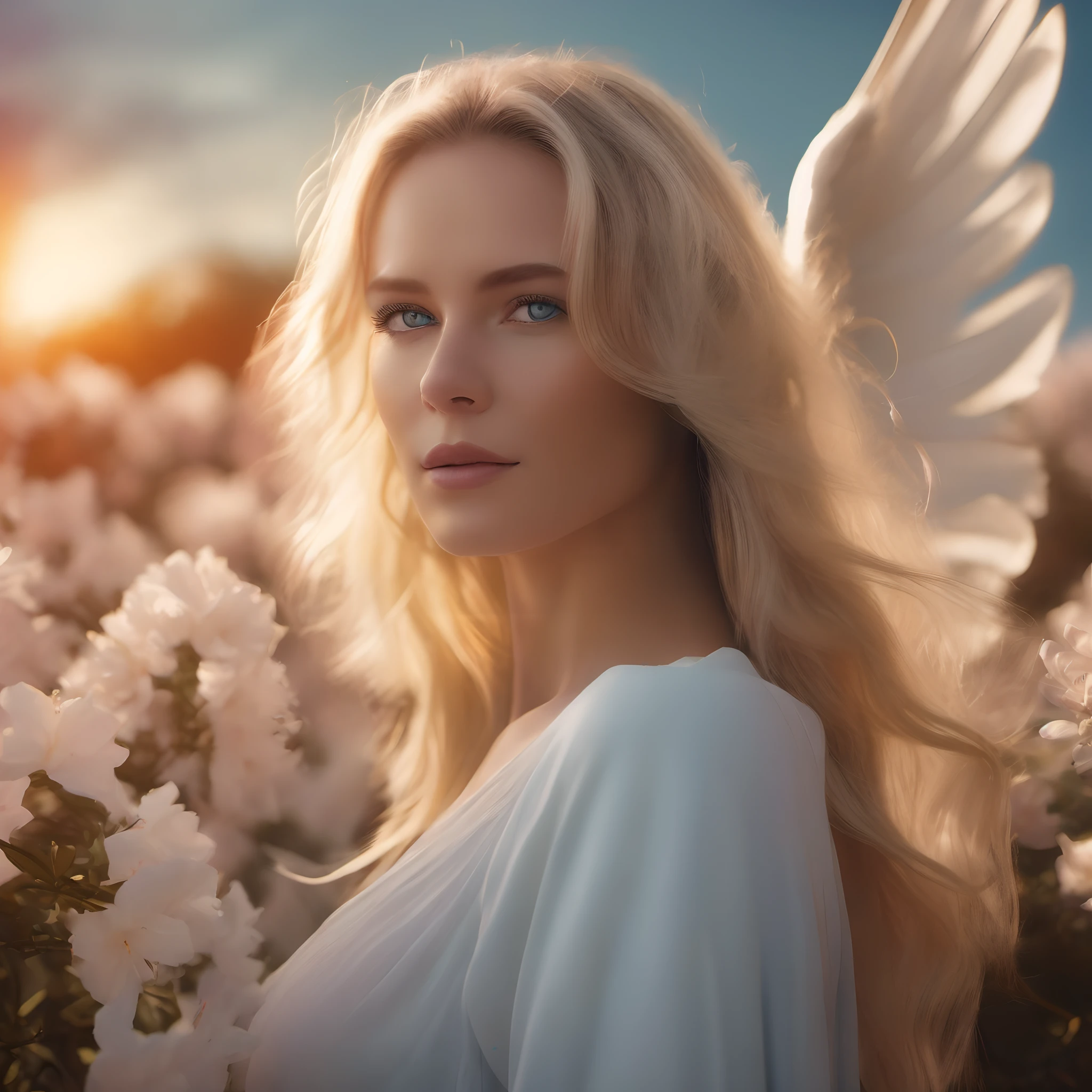 A beautiful woman blonde hair blue eyes perfect face Angel with beautiful white wings Flowing hair looking at the camera with a glow of magic around her in a field of azaleas Orange sky and dramatic ultra realistic sunbeam Well detailed Intricate 8K Sharp focus Great resolution Great sharpness Depth field 1.2 Divine great cinematic composition