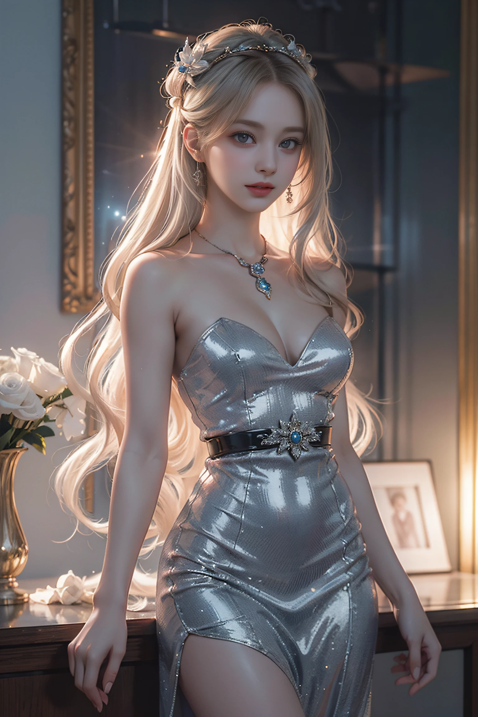 Top quality work,Photorealistic works,Ultra Premium Graphics,8K HD CG works,High-quality graphics,High-definition fine CG works,10x pixel,Ultra-fine details:1.1,Advanced technical details:1.1Photographically realistic,Indoor lighting effects:1.5,Natural light:1.5. light effect(Virtual Light Effects:1.8),超A high resolution,Shiny Blue Dress,Long silver hair,Silver hair,Transparent hair,High Detail Hair(Premium Hair Detail:1.1)Clear eyes,Good looking double eyelids,Sharp eye makeup, Delicate makeup for eyelashes, Thin eyebrows, ultradetailed eyes,High Nose, lovely red lips, Rose cheeks, Face with delicate makeup , Pretty Face, A perfectly proportioned face,(Advanced facial details:1.1)Collection of shiny blue luxury dresses,Blue Sequin Dresses,Sequin coat,shiny,Tight long skirt,Summer Sexy Hip Wrap Fishtail Sleeveless Commuter Maxi,Horse Stockings 100%Oil Gloss Panst Gloss Silk Luster 8D Black Silk Woman,stiletto heels,mitts,Beautiful long dresses,wonderful dress,Bright Red Series,Haute Couture Dresses Collection,Dress Photography,Authentic dress works,In the banquet hall,Women's Artwork,full-body view,Goddess of Dress,真实感,amazing,Today's eyes are bright