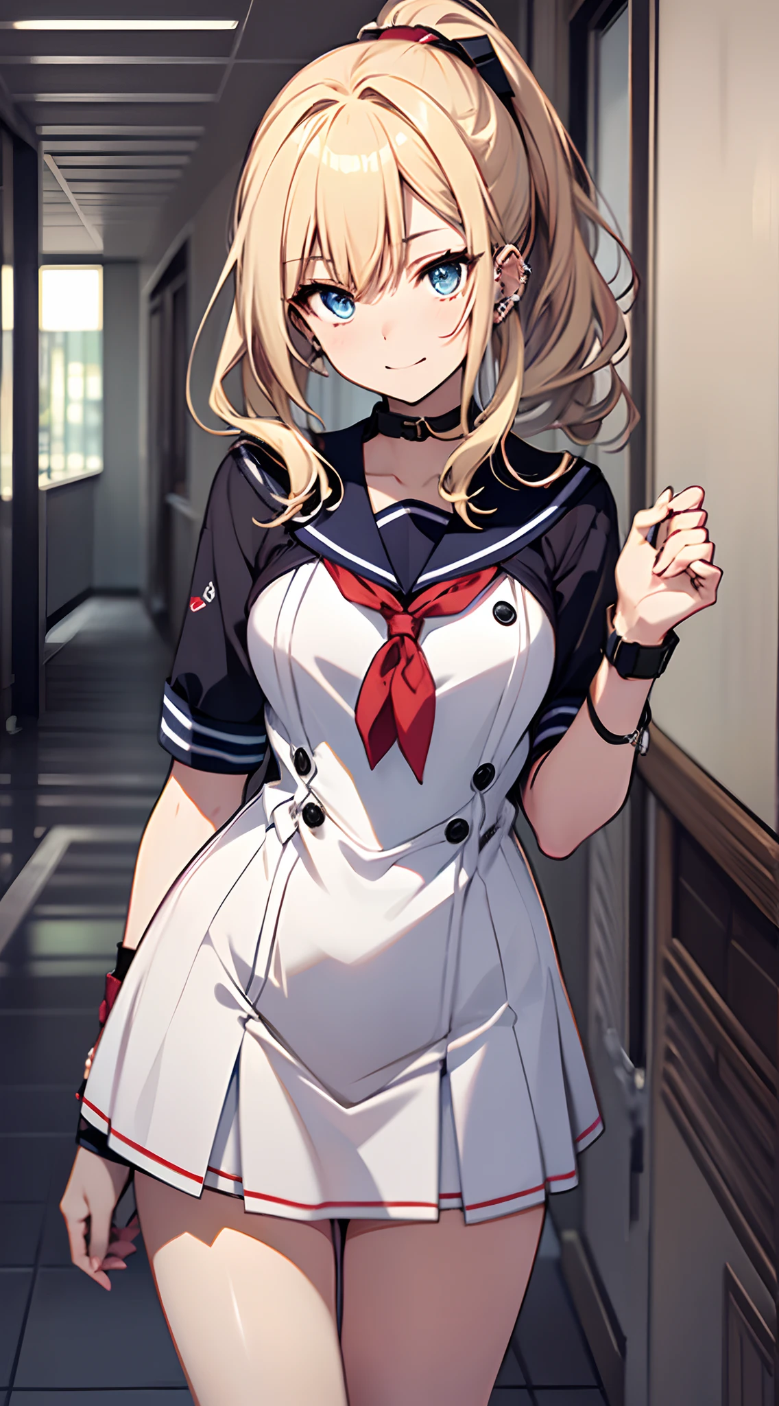 top-quality、Top image quality、​masterpiece、girl with((18year old、a sailor suit:1.6、Bust 90、a blond、disheveled ponytail、Blue eyes、open chest wide、Happiness、Black wristband on wrist、Ear-piercing))、((perspired:1.1))A slender、hiquality、(Piece It Piece)、visualart、Background with((hallway))、masutepiece