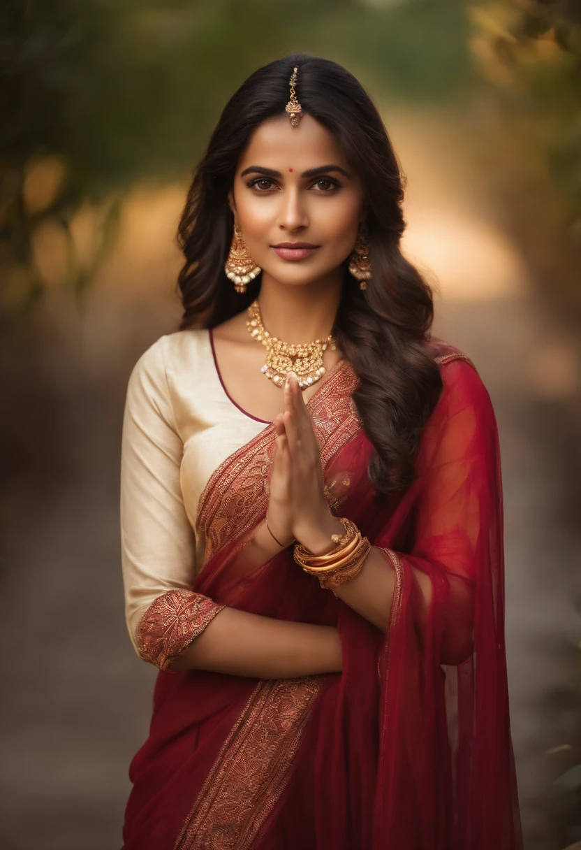 Beautiful ,23 years young girl,confident looking,8k,realistic,dark brown hair,fair skin, indian,long hair,clear facial features,clapping hands,saying namaste,wearing kurta and dupatta