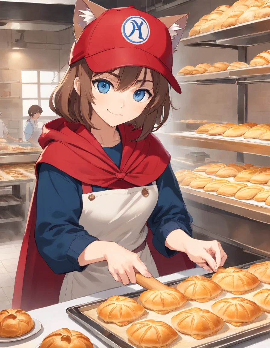 ((Cat's ears)),((wearing a baseball cap)),((Wearing a red cloak)),Black underwear,Clear blue eyes,A talented baker who meticulously forms the best dough for flaky pastries. The image is、Shows a well-equipped bakery with stainless steel countertops and a set of baking tools. Baker, Young man with radiant smile々Shishi Woman, Roll out the dough with a wooden rolling pin, Show off her expertise. The aroma of baked goods fills the air. In the background、Trays of golden croissants and delicately woven Danish pastries are chilled on racks. This photo is、Encapsulates the precision and skills required for the art of pastry making. photographed:Claire Ptak,