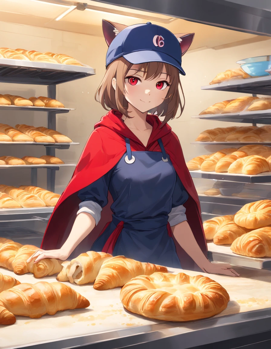 ((Cat's ears)),((wearing a baseball cap)),((Wearing a red cloak)),Black underwear,Clear blue eyes,A talented baker who meticulously forms the best dough for flaky pastries. The image is、Shows a well-equipped bakery with stainless steel countertops and a set of baking tools. Baker, Young man with radiant smile々Shishi Woman, Roll out the dough with a wooden rolling pin, Show off her expertise. The aroma of baked goods fills the air. In the background、Trays of golden croissants and delicately woven Danish pastries are chilled on racks. This photo is、Encapsulates the precision and skills required for the art of pastry making. photographed:Claire Ptak,