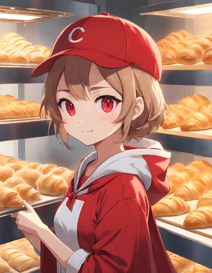 ((Cat's ears)),((wearing a baseball cap)),((Wearing a red cloak)),Black underwear,Clear blue eyes,A talented baker who meticulously forms the best dough for flaky pastries. The image is、Shows a well-equipped bakery with stainless steel countertops and a set of baking tools. Baker, Young man with radiant smile々Shishi Woman, Roll out the dough with a wooden rolling pin, Show off her expertise. The aroma of baked goods fills the air. In the background、Trays of golden croissants and delicately woven Danish pastries are chilled on racks. This photo is、Encapsulates the precision and skills required for the art of pastry making. photographed:Claire Ptak,