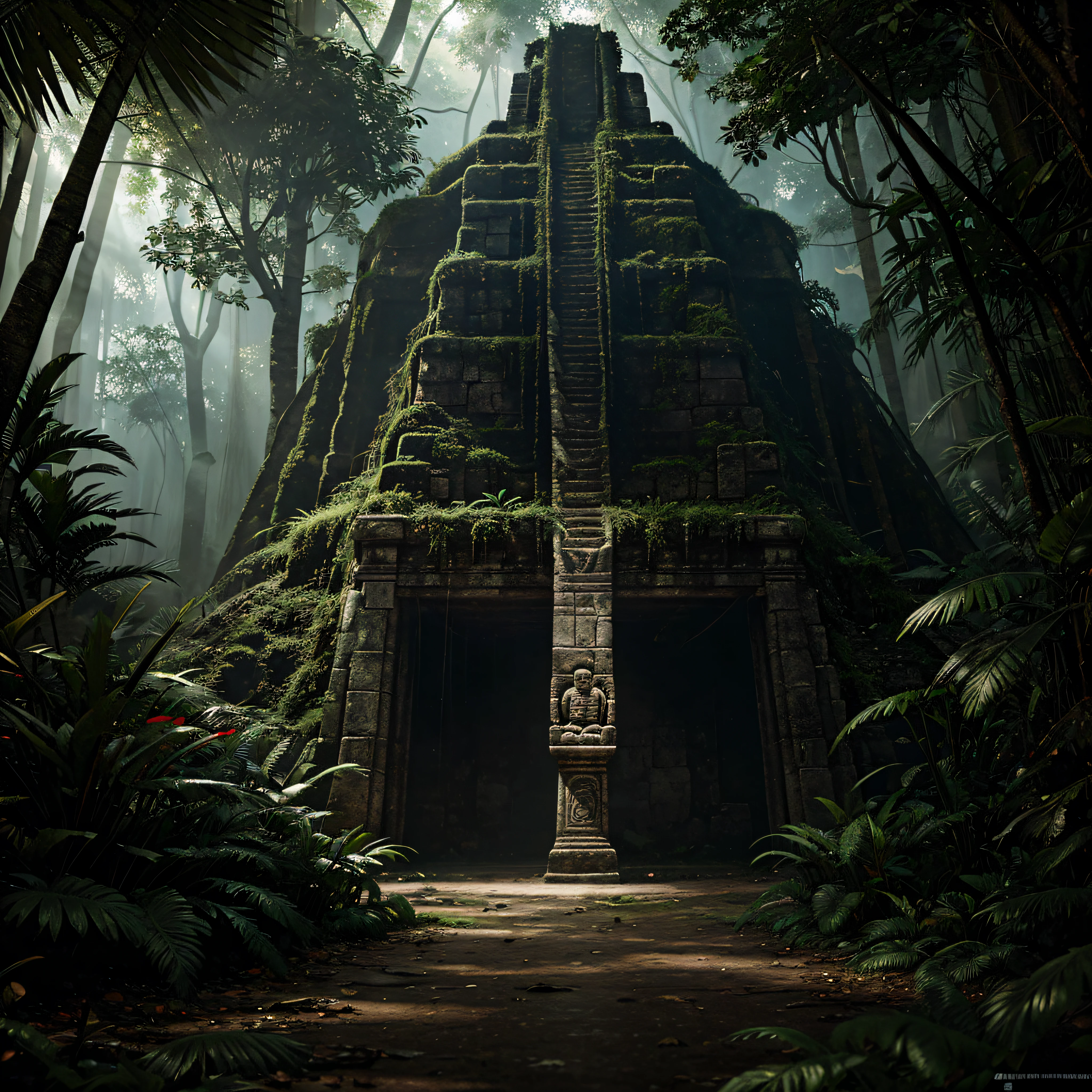 Ancient Mayan glyphs ancient totem sculptures, in the tropical rainforest, mysterious and eerie atmosphere hidden in a dense INTRIGATELY rainforest, film, studio lighting, intricately detailed foliage, ultra realistic, bokeh, sharp features, a unique and completely random meticulous and complex image, random topic , realistic and immersive relevant background, atmospheric effects, Ultra-HD, Super resolution, hyperphotorealistic, Reflections, cinematic lighting, Tone mapping, perfect aspect ratio, Texture, immersive camera angle