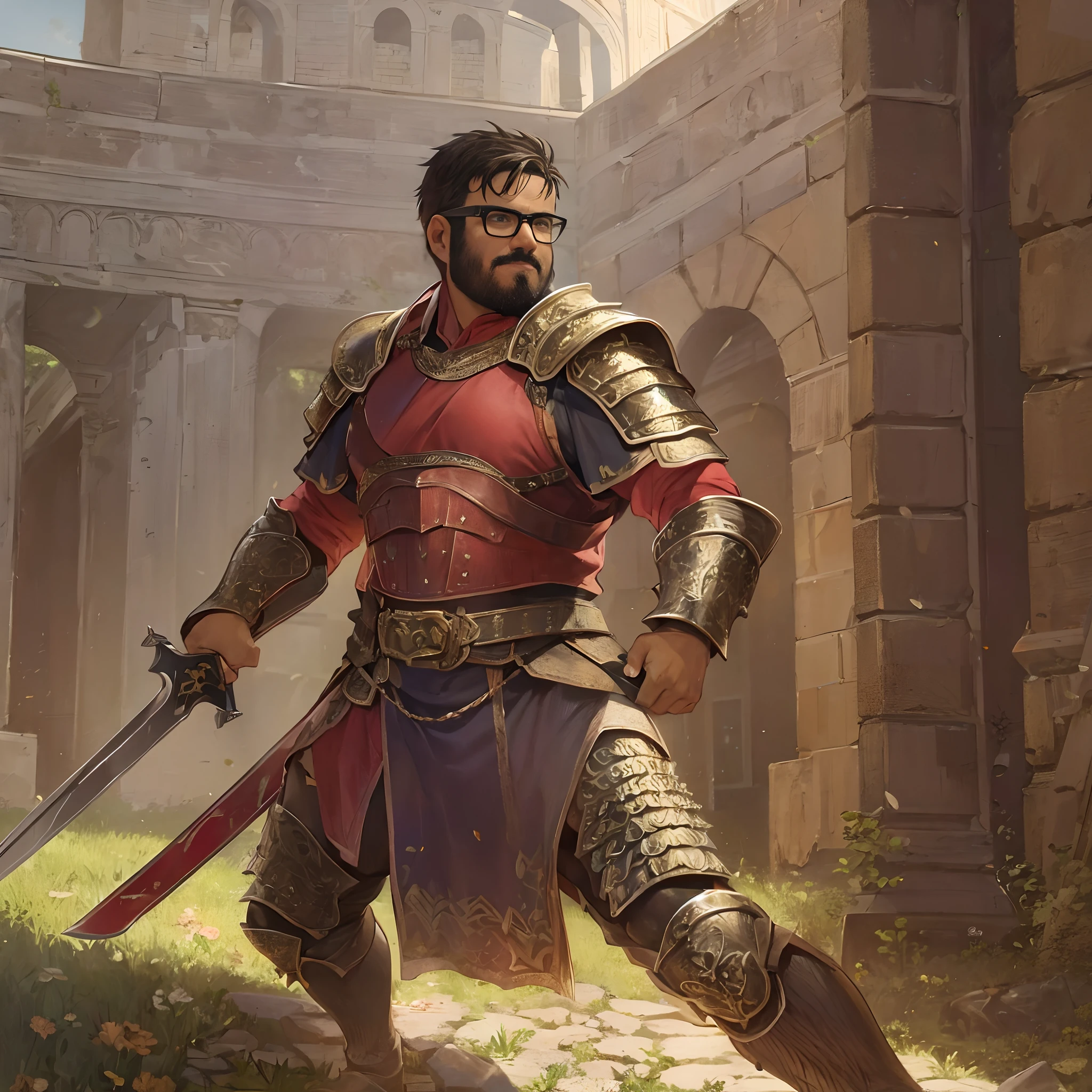 David, male, short beard, glasses, brown skin, chubby, wearing gladiator armor, leather armor, fighting stance, holding a short sword, in a colosseum,