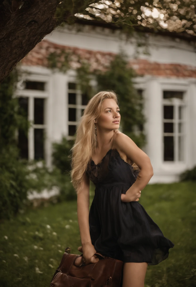 a portrait photo of a beautiful ((18-year-old)) German woman, small breasts, long blonde hair, wearing a short colorful summer dress, award-winning photo, best quality, portrait of Annie Leibovitz, Canon 5D Mark II, film, professional photo, (rich colors:1,1), hyper-realistic, lifelike texture, (natural light:1,1), (Canon EF 85mm f/1.4L IS USM)