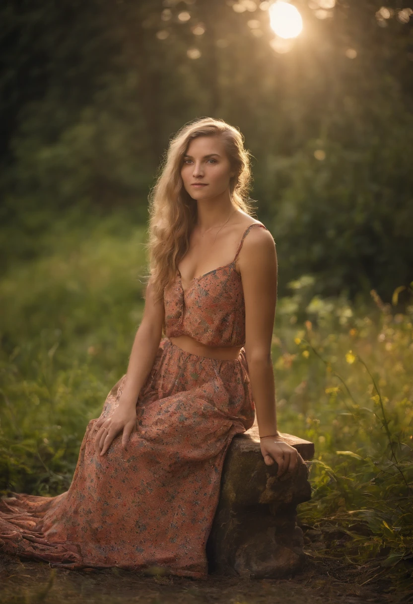 a portrait photo of a beautiful ((18-year-old)) German woman, small breasts, long blonde hair, wearing a short colorful summer dress, award-winning photo, best quality, portrait of Annie Leibovitz, Canon 5D Mark II, film, professional photo, (rich colors:1,1), hyper-realistic, lifelike texture, (natural light:1,1), (Canon EF 85mm f/1.4L IS USM)