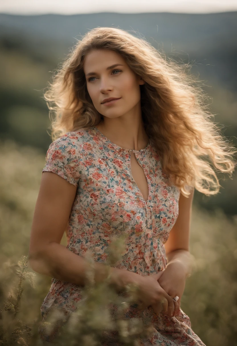 a portrait photo of a beautiful ((18-year-old)) German woman, small breasts, long blonde hair, wearing a short colorful summer dress, award-winning photo, best quality, portrait of Annie Leibovitz, Canon 5D Mark II, film, professional photo, (rich colors:1,1), hyper-realistic, lifelike texture, (natural light:1,1), (Canon EF 85mm f/1.4L IS USM)