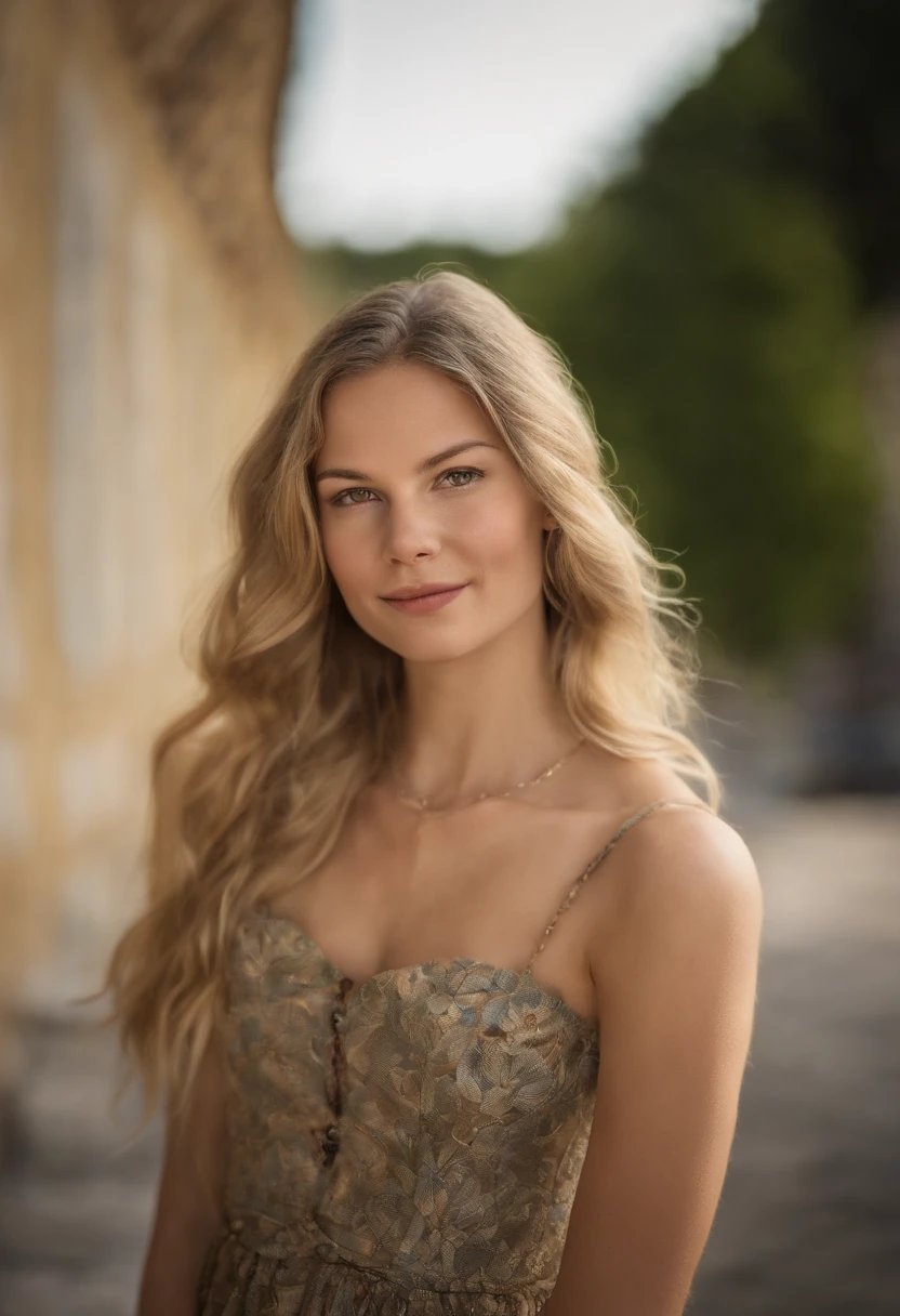 a portrait photo of a beautiful ((18-year-old)) German woman, small breasts, long blonde hair, wearing a short colorful summer dress, award-winning photo, best quality, portrait of Annie Leibovitz, Canon 5D Mark II, film, professional photo, (rich colors:1,1), hyper-realistic, lifelike texture, (natural light:1,1), (Canon EF 85mm f/1.4L IS USM)