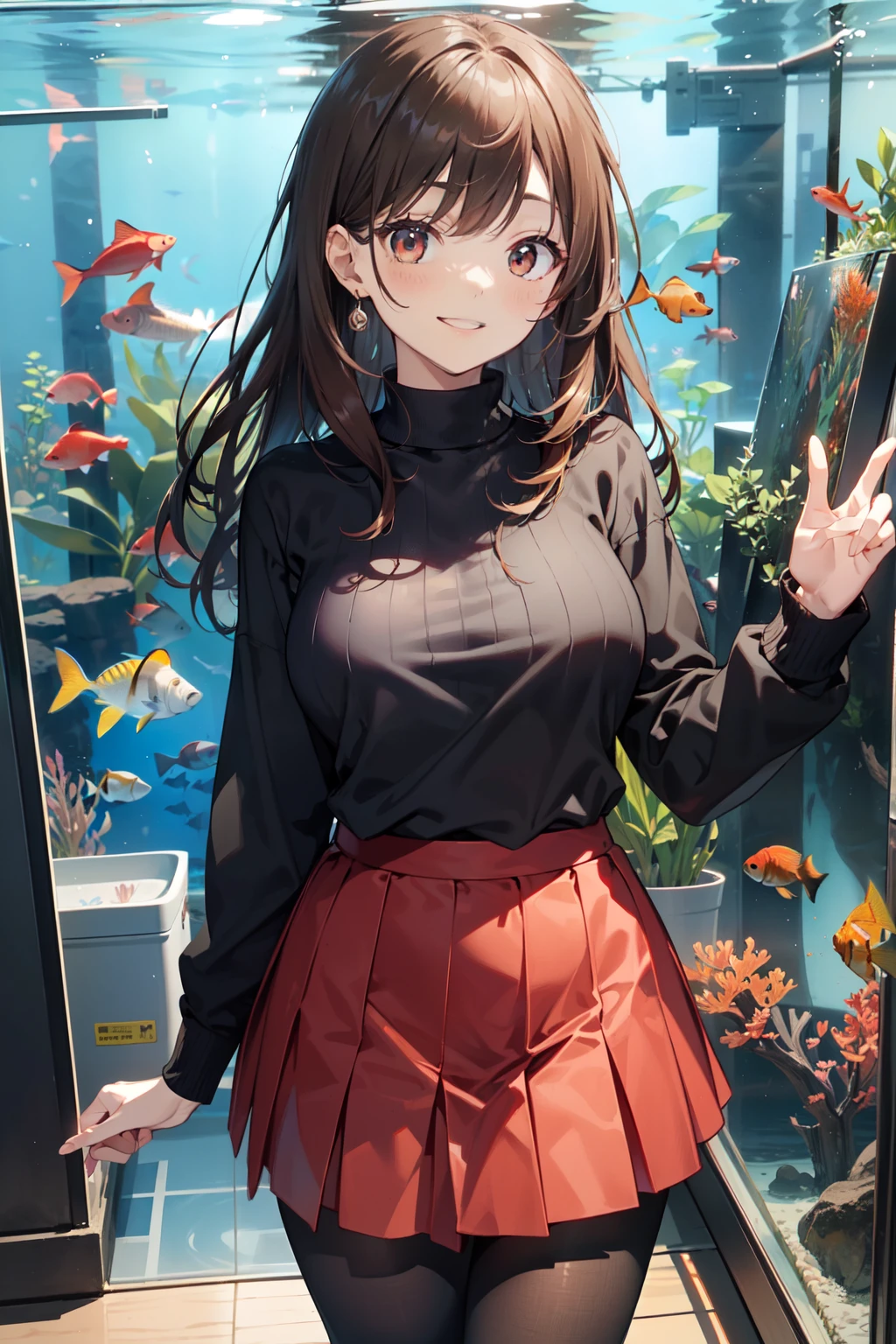 top-quality、Full limbs、complete fingers、Slender beauty、straight haired、Brown hair、((Black Long Sleeve Knit Top))、((Red Mini Flared Skirt))、Brown pantyhose、Beautiful Large Breasts、aquariums、Huge aquarium、Inside the aquarium、School of fish in the aquarium、Watching fish、A big smile