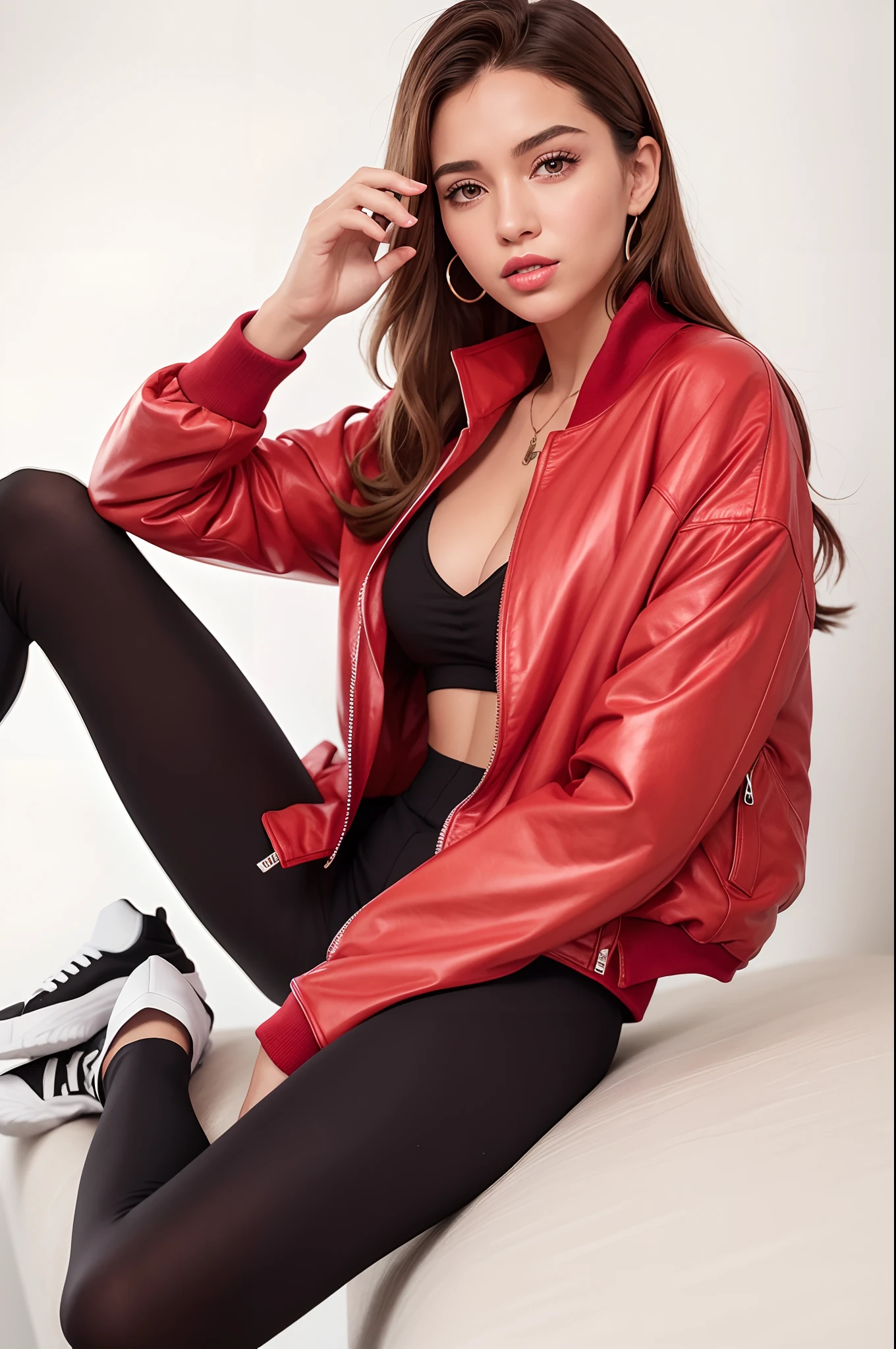 mulher arafed em uma jaqueta vermelha e leggings pretas sentada em uma parede branca, jaqueta vermelha, jaqueta vermelha legal, vestindo jaqueta vermelha, suit jacket, metallic red, jaqueta de couro vermelha, casaco curto de couro vermelho, roupas esportivas vermelhas, jaqueta bomber, jaqueta curta, INSPO, jaqueta esportiva, jaqueta preta e vermelha, Camisa cropped com jaqueta, Casaco vermelho, record jacket, fotografia realista, fotografia, obra-prima, realista, Realismo, renderizado, Alto contraste, Arte Digital, fotográficorealista, trend in Artstation 8k HD, high definiton, circunstanciado, Realistic, detalhada, textura da pele, hiperdetalhada, Textura realista da pele, melhor qualidade, ultra high-resolution, (fotografia realista: 1.4), alta resolução, detalhada, fotografia crua, Crisp resolution, Nikon d850 filme, fotografia de stock 4, Kodak Portra 400 Camera F1 Lens.6, textura hiper realista, lighting dramatic, Unrealistic trend in Artstation Cinestill 800, RAW.