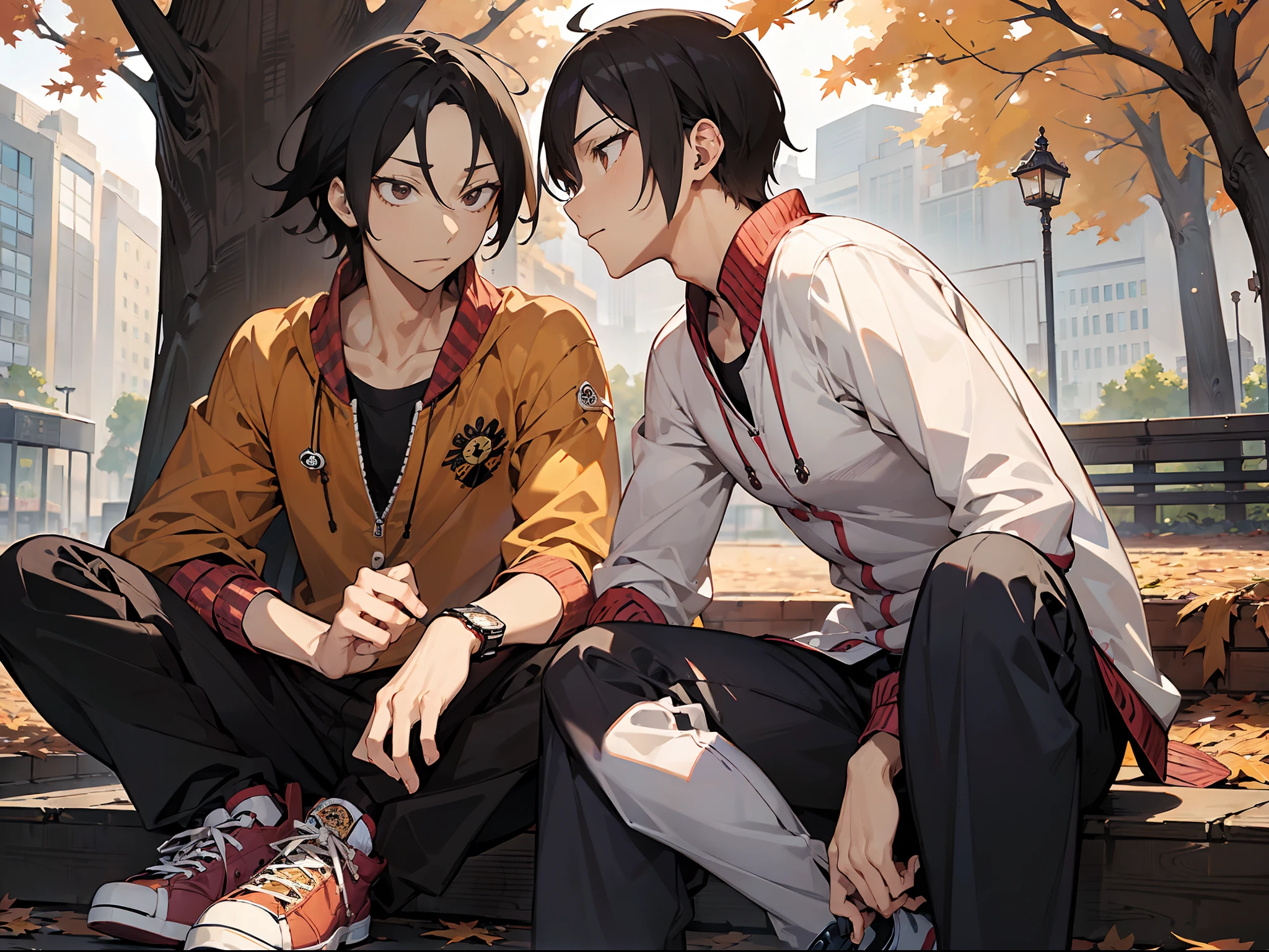 (masutepiece:1.4), (Best Quality:1.2), (2male),gay male relationship,converse,CASIO,autumnal, Beside Park、eyecontact,yaoi pose