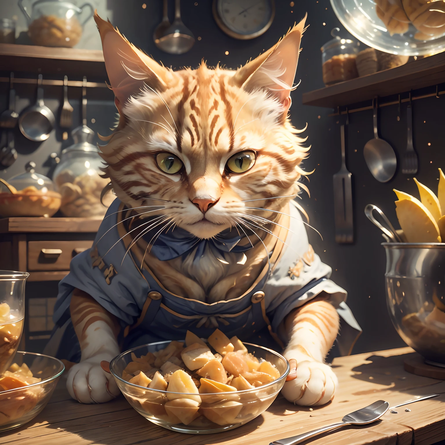 Close up Olei tabby cat preparing food on table:1.2), (c4ttitude:1.3), In Glasstech Kitchen, Hyperrealistic intricate detail, (Ambiguous:1.1), Baisho's Perspective