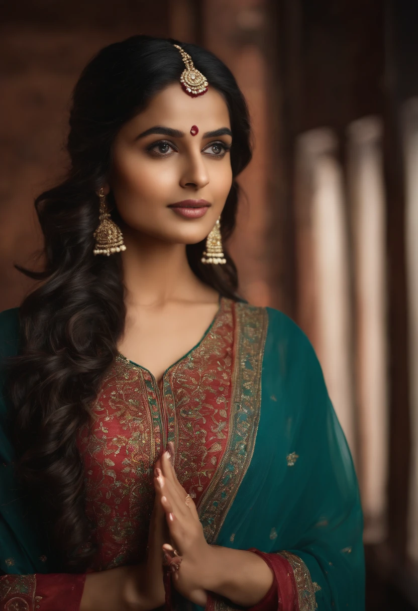 Beautiful ,23 years young girl,confident looking,8k,realistic,dark brown hair,fair skin, indian,long hair,clear facial features,clapping hands,saying namaste,wearing kurta and dupatta