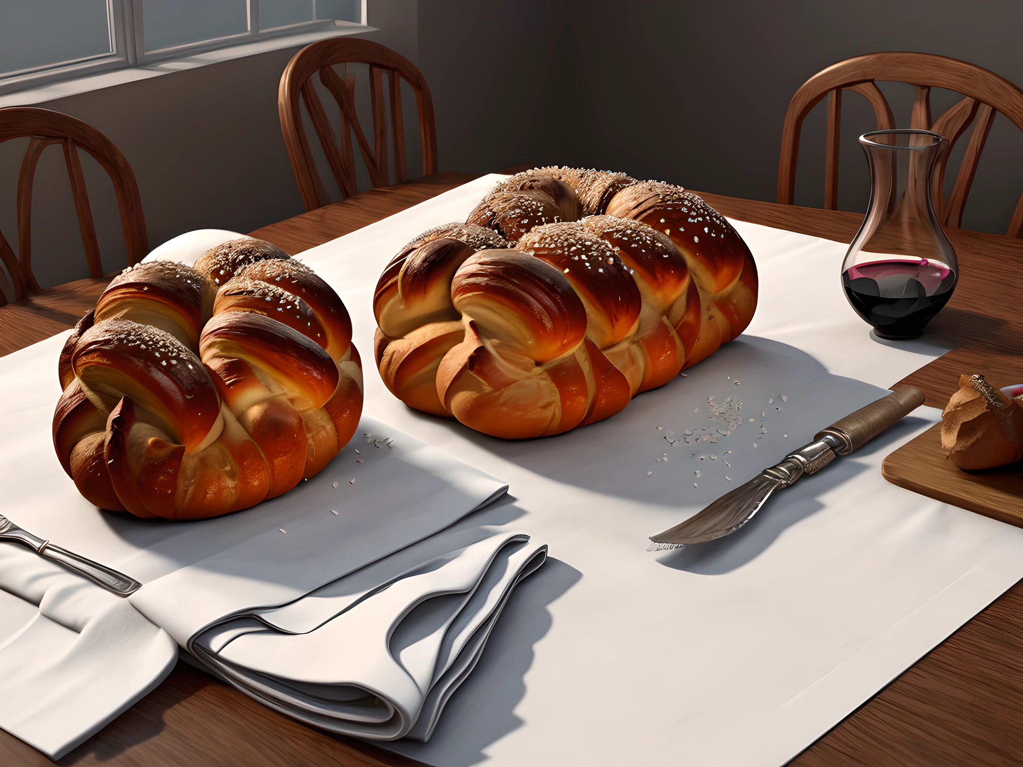 an illustration of a Jewish Shabbat table , 2 (Challahs:1.5) on the table, 2 lit candles, a wine goblet on the table, white table cloth with embodiments, a close up look from above and the side, 2 freshly baked Challahs, with sesame seeds, an atmosphere of divinity, dynamic angle, best details, best quality, 16K, [ultra detailed], masterpiece, best quality, (ultra detailed), full body, ultra wide shot, photorealistic, 3D rendering