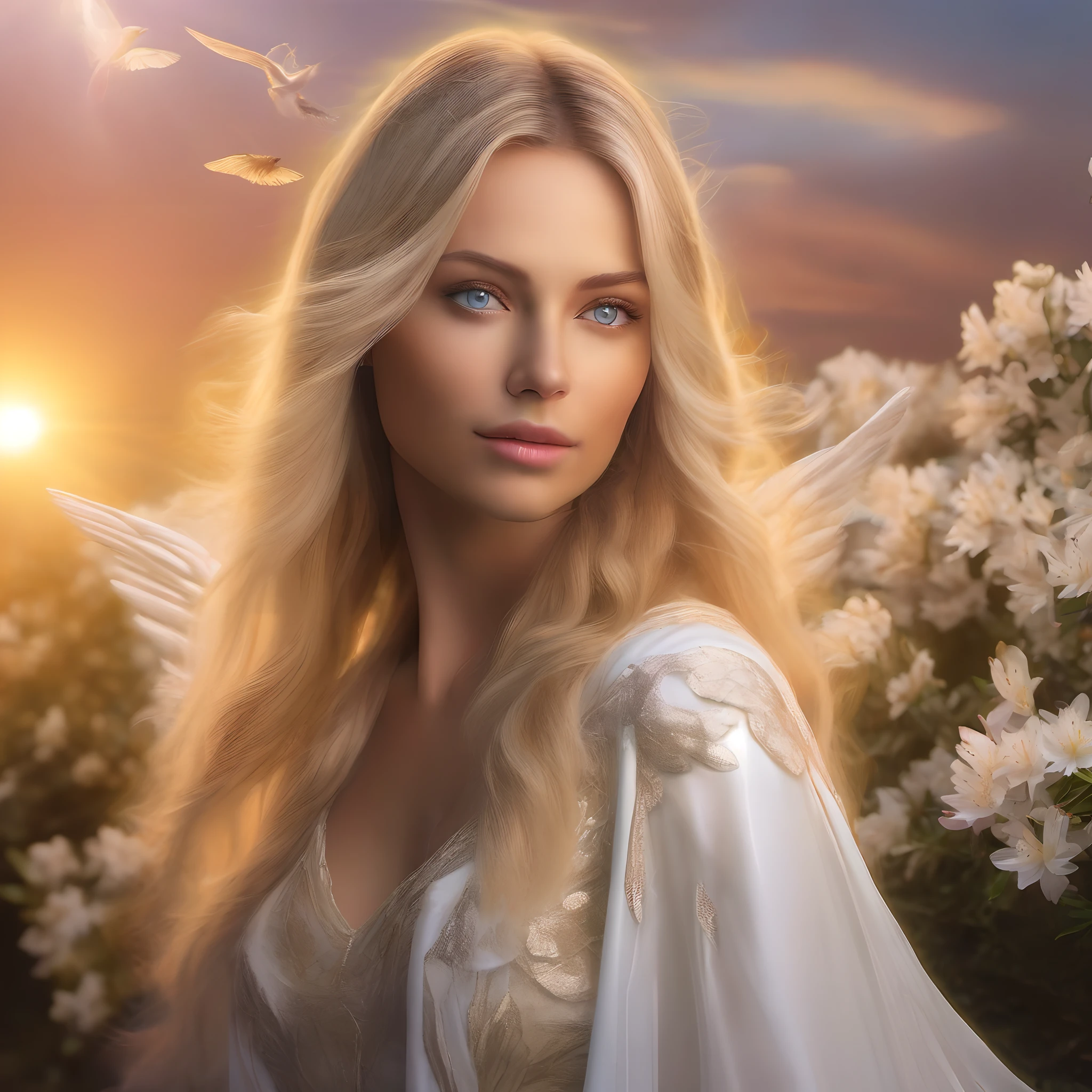 A beautiful woman blonde hair blue eyes perfect face Angel with beautiful white wings Flowing hair Staring at the camera with a glint of magic around her on a field of azaleas Orange sky and dramatic ultra realistic sunbeam Well detailed Intricate 8K Sharp focus Great resolution Great sharpness Depth field 1.2 Divine great cinematic composition