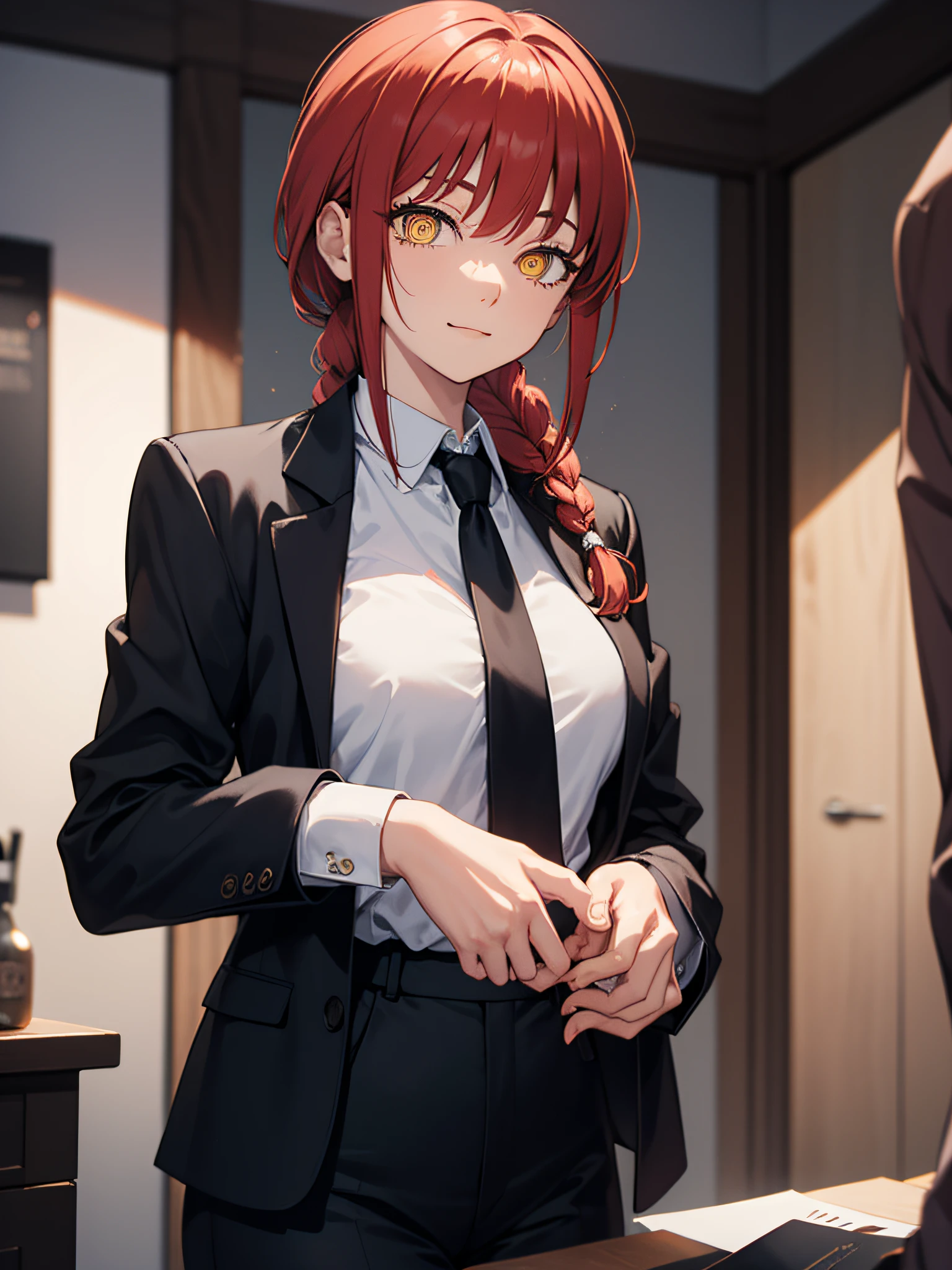 makima, makima, long hair, smile, closed mouth bangs, medium breasts, (yellow eyes:1.2), braid, red hair, braided ponytail, ringed eyes, BREAK  shirt, long sleeves, jacket, white shirt, necktie, collared shirt, pants, black jacket, black blazer, black pants, formal, suit, black necktie, shirt tucked in, office lady, BREAK indoors, office, BREAK looking at viewer, cowboy shot BREAK (masterpiece:1.2), best quality, high resolution, unity 8k wallpaper, (illustration:0.8), (beautiful detailed eyes:1.6), extremely detailed face, perfect lighting, extremely detailed CG, (perfect hands, perfect anatomy),