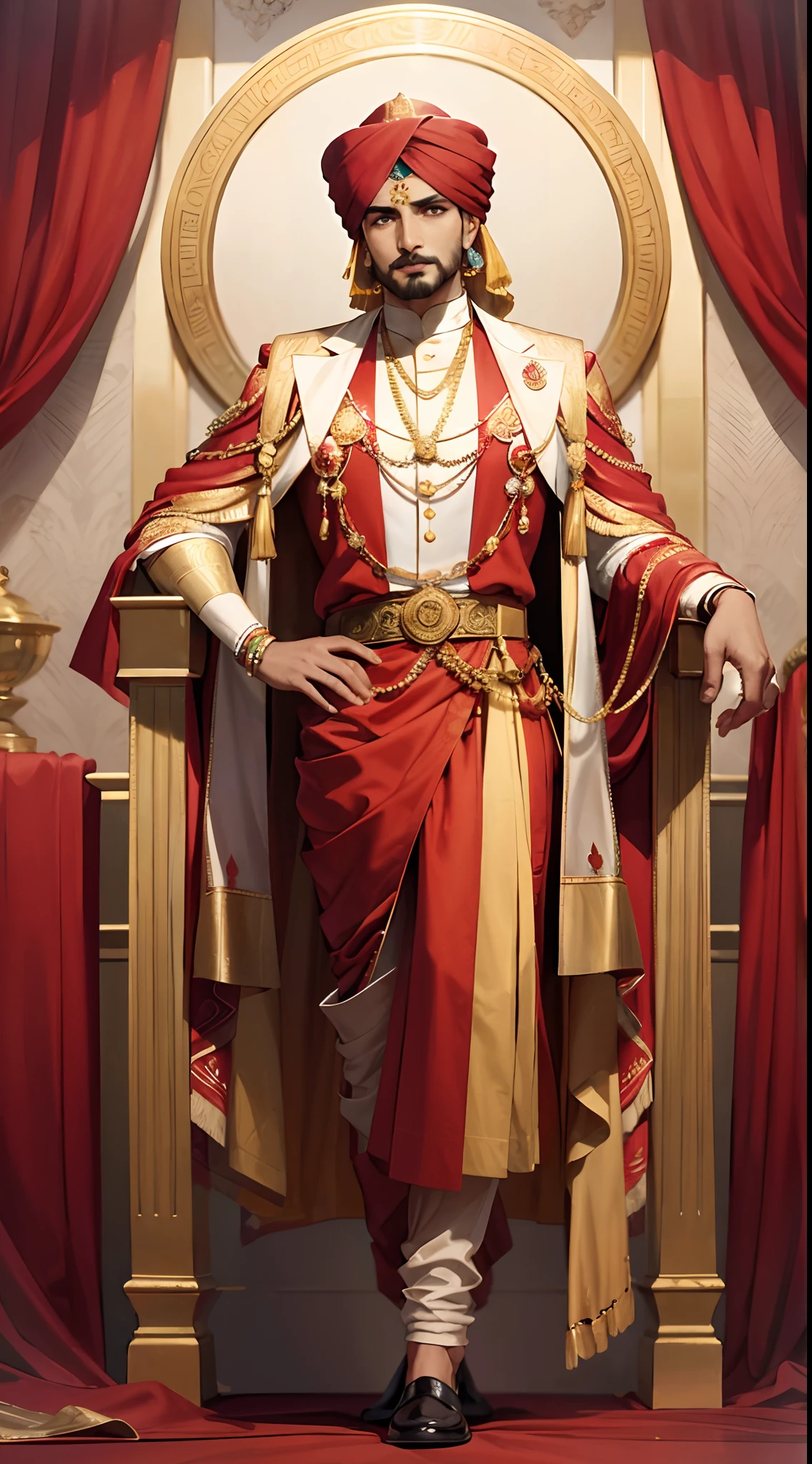 A majestic Indian Maharaja in 1920, adorned in a vibrant turban and luxurious robes, standing atop a golden throne.