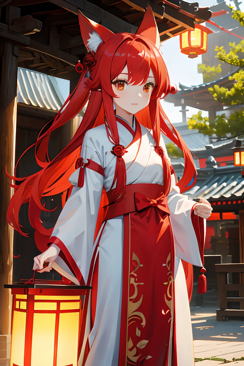 Red long-haired,Fox ears,fox tails,teens girl,Hanfu,lanterns