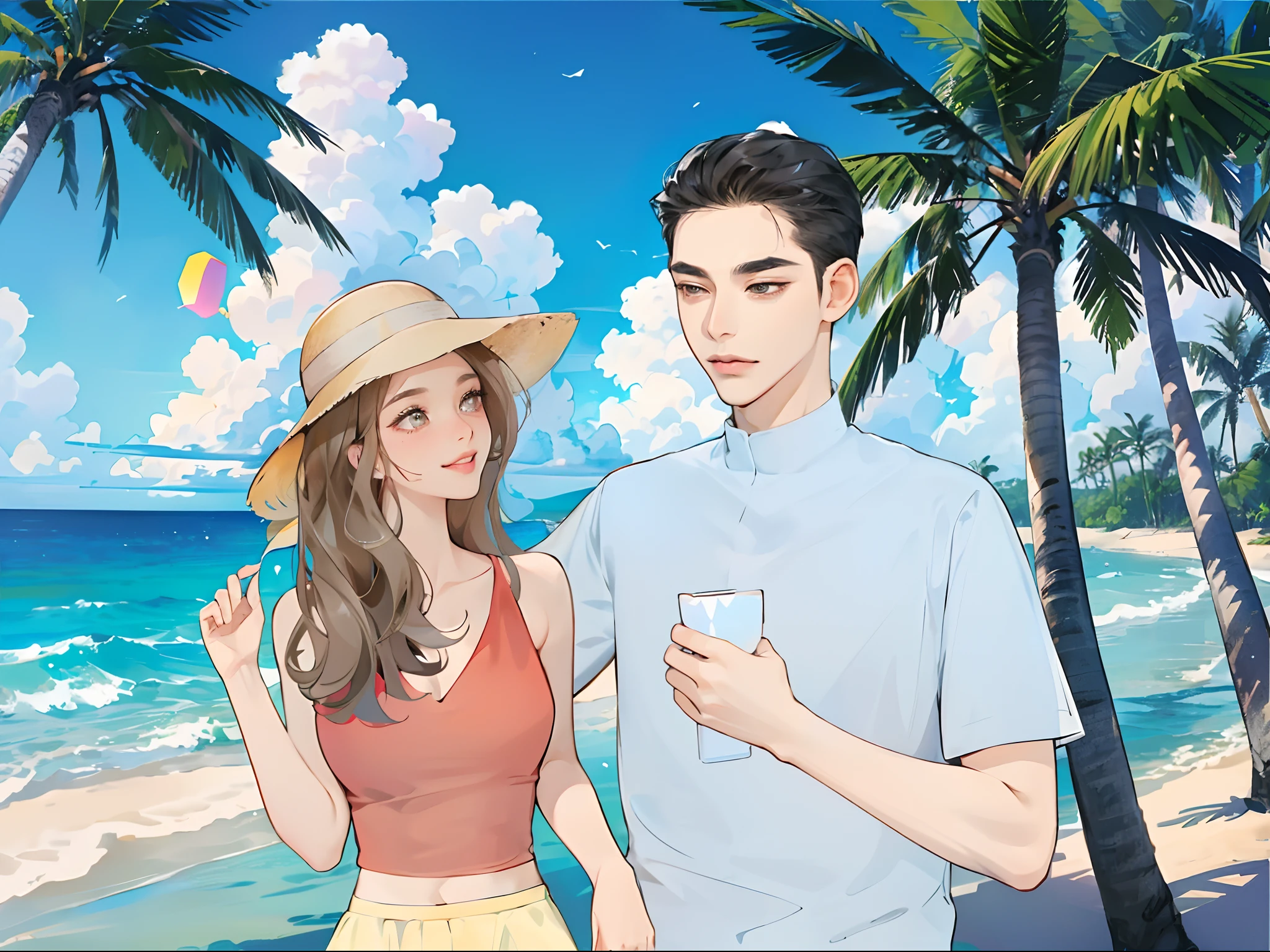 Image of Arafad of a man and a woman standing on the beach, at a tropical beach, in style of digital illustration, cute couple, Digital anime illustration, High-quality fanart, beautiful drawing style, with straw hat, hand painted cartoon art style, Cartoon Art Style, people in beach, Official illustration, in the beach(8K, RAW photo, ) ,( Gloss on lips, eyeslashes, gloss face, Glossy glossy skin, Best quality, 超高分辨率, Depth of field, color difference, Caustics, Broad lighting, naturalshadow,