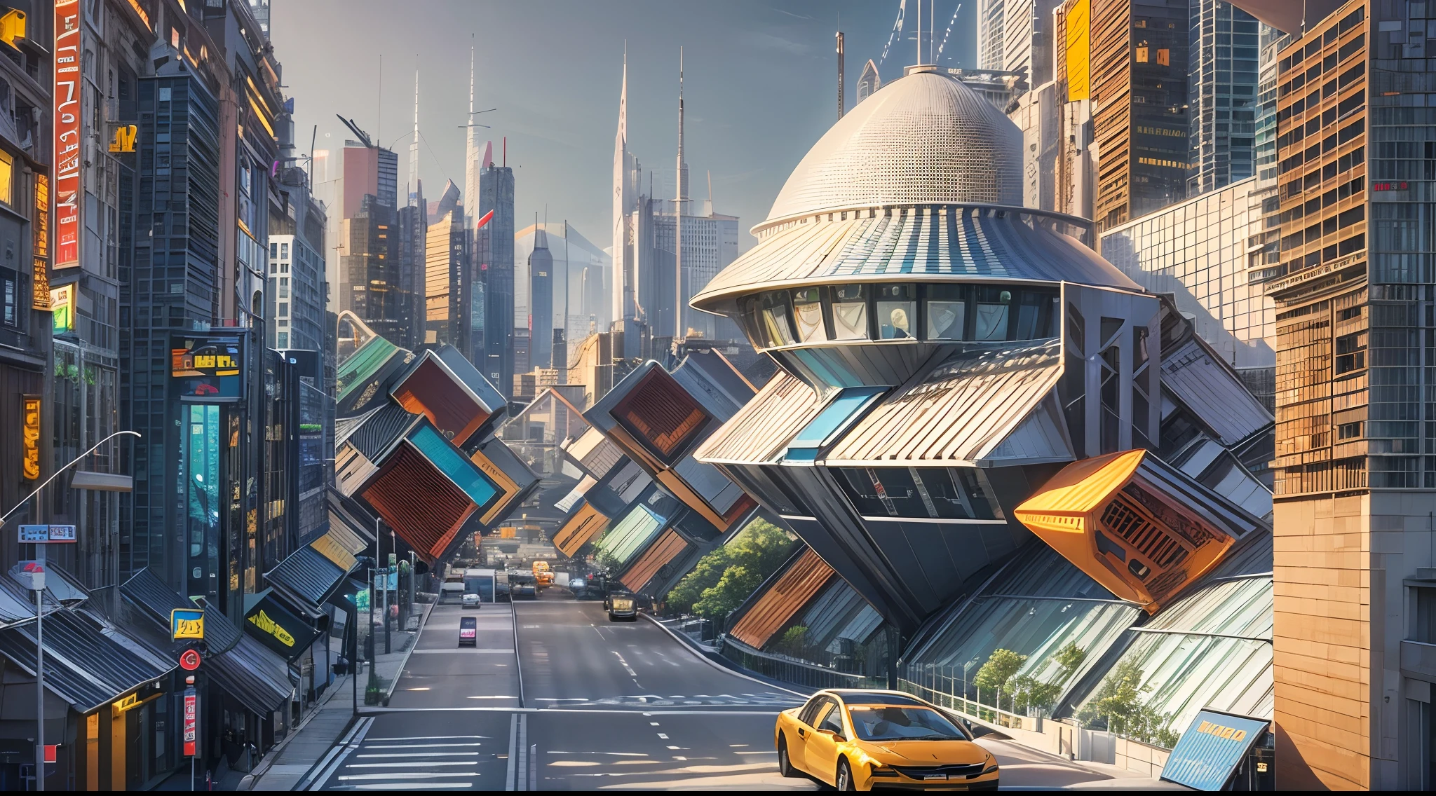 (Best quality,4K,8K,A high resolution,Masterpiece:1.2),Ultra-detailed,(Realistic,Photorealistic,photo-realistic:1.37),hyper HD,Wide-angle lens,,(Future City),futurism,cubismo,Geometry,An urban environment with a sense of futuristic technology,skyscrapper,Hover vehicle,illuminated signs,transparent materials,Asymmetrical composition,vibrant contrast,Endless possibilities