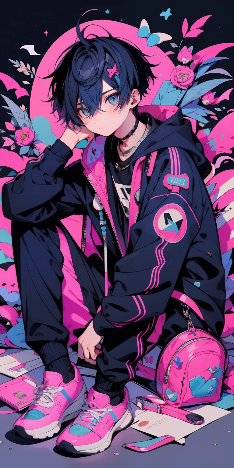 1 boy, (blue) hair, pink black jacket, sit pose