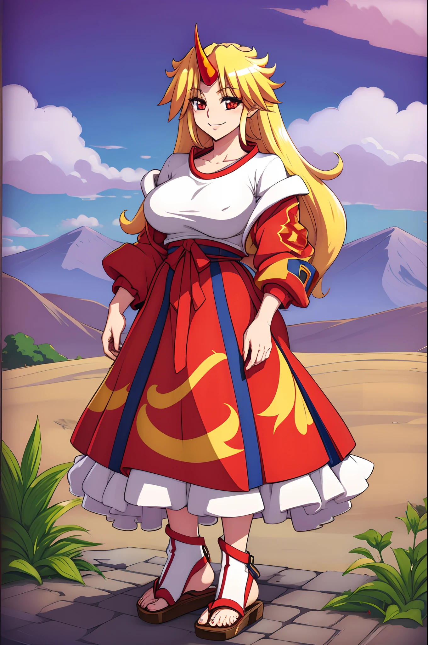 hoshiguma yuugi,medium breast , large skirt, traditional german clothing, bloon hair, red eyes, single horn,oni, closed pullover,long skirt,full body, standing, smile, flipflops
