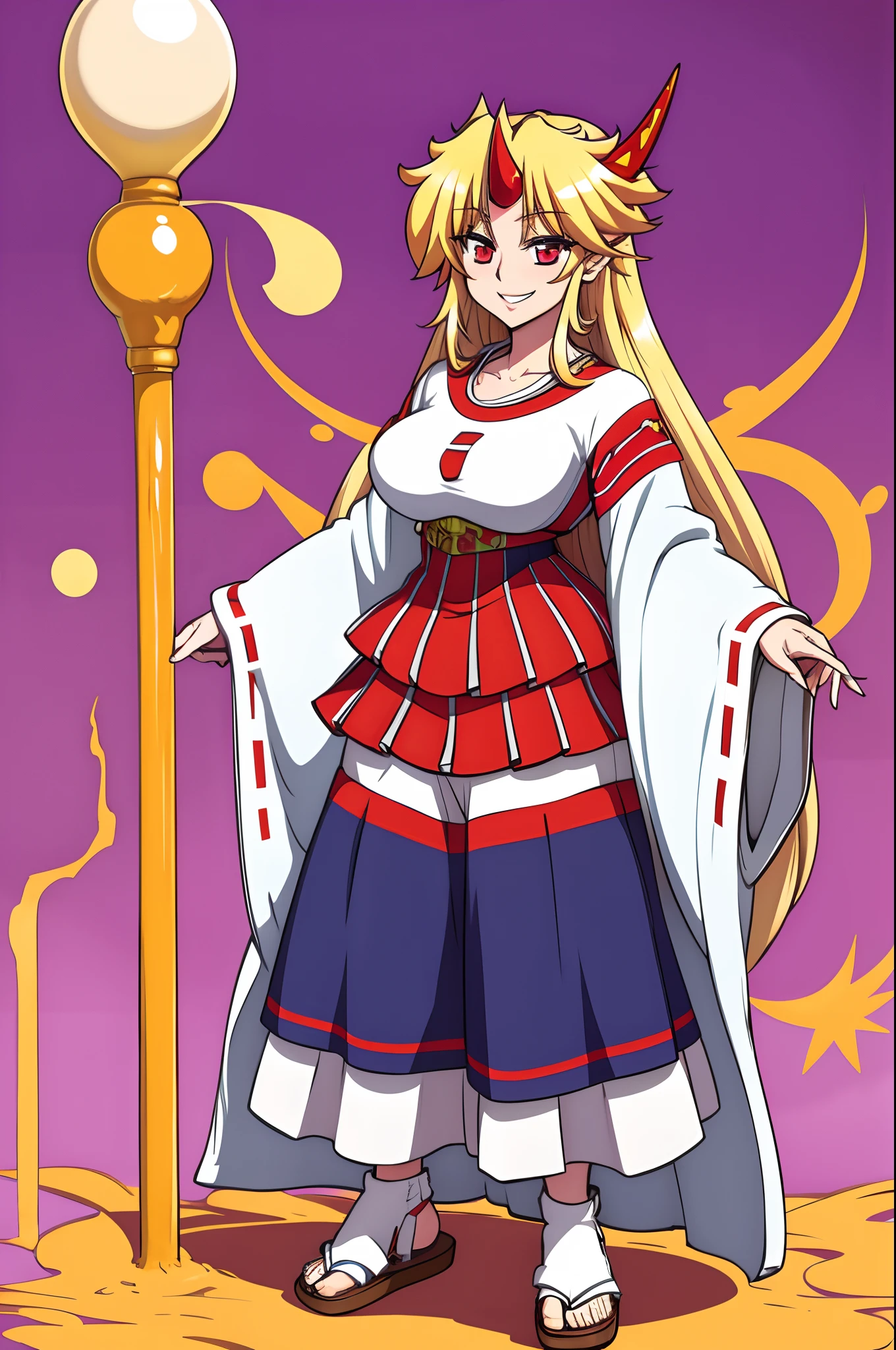 hoshiguma yuugi,medium breast , large skirt, traditional german clothing, bloon hair, red eyes, single horn,oni, closed pullover,long skirt,full body, standing, smile, flipflops