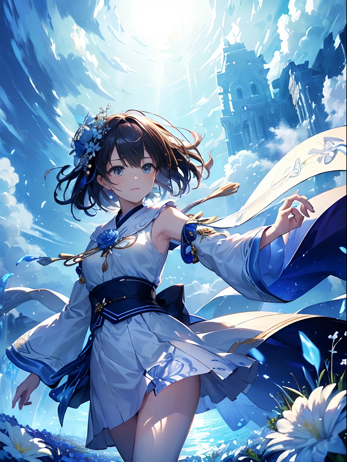 (((masterpiece)))、(((top-quality)))、((ultra-detailliert))、The Spirit of the Land to Come、Wind Spirit、Wearing flowers that invite dreams、Running under the blue sky、stormy、
(Spring storms)