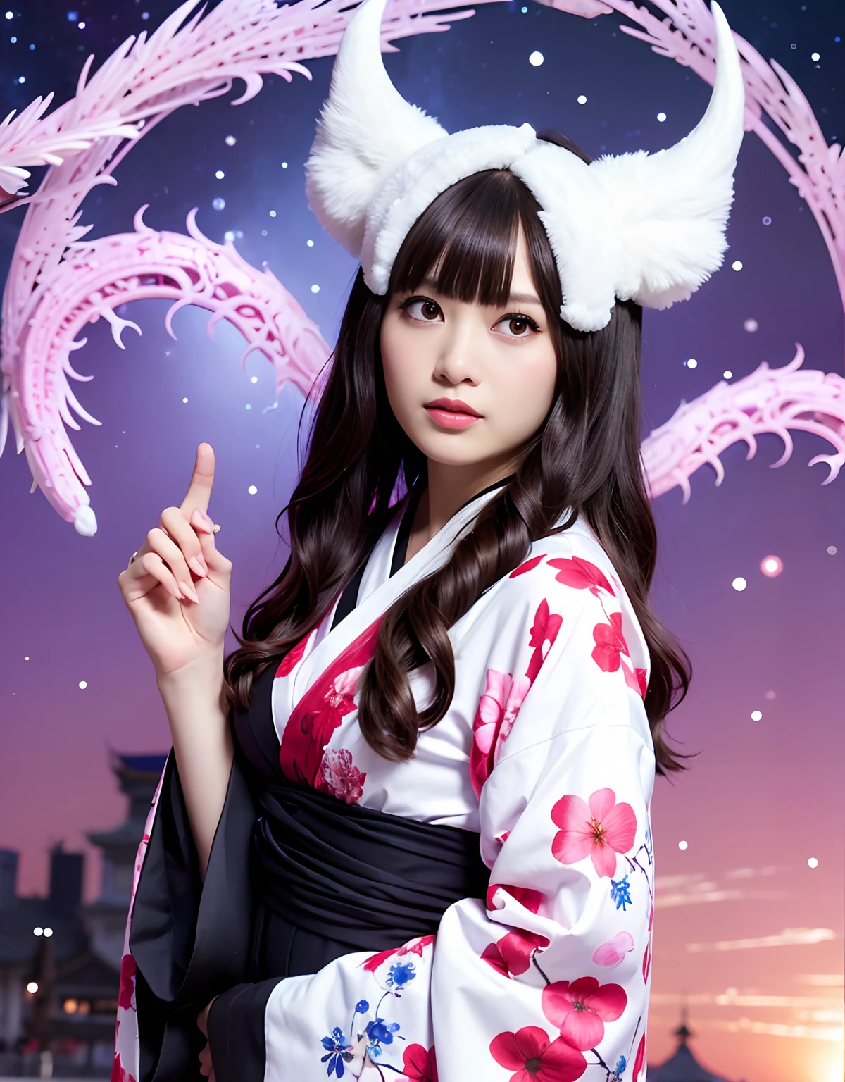 ((White ghost flies)),Professional , masterpiece、top-quality、photos realistic , depth of fields 、(Various poses)、(Background of cherry blossoms in full bloom),(Ultimate Beauty)、(A dark-haired)、(Fight ninjas)、(Kimono with scary pattern)、(Night background)、((Devil's Wings Grow)),(Wear a kimono with a horror pattern),(Wearing a beautiful kimono with colorful scary patterns)、Jewel Gold Weapon、Particles of light),(Has a devil's mask)、Gorgeous gold weapons ,Skeleton population、(( Gorgeous Dragon Sword)) , (a dark night),,(White ghost flies) 、((Black Haired Beautiful Girl))、(Castle background)、(demonic wings)、((Gangle's forest background))、Beautiful Caucasian beauty、1a person、dynamic ungle,(((Two devil's horns on the head)))、Smaller head、Idle Smile、Thin and beautiful female hands、Mystical expression、Light Effects、intense fighting、Wind-effect、magic circles、With the legendary magic wand、Dragon's tail、