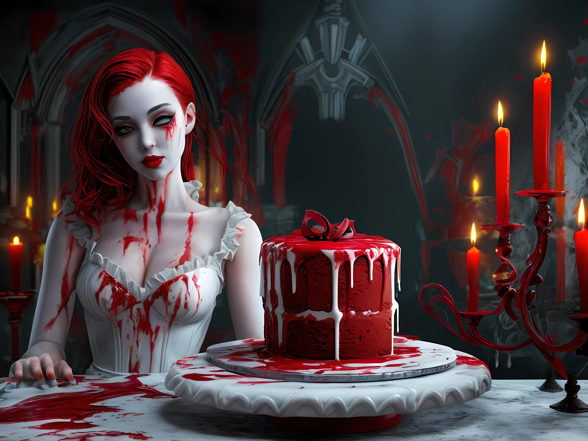 a 3D picture of extremely (beautiful female vampire: 1.4) looking at (red MasterChef style cake: 1.5), an exquisite beautiful vampire, ultra feminine ultra detailed face, red hair, short hair, pale skin, red lips, blue eyes, wearing sexy white seductive latex dress, blood stains on the dress, looking at a red Bakeoff, award winning cake, 2 floors, decorated with red whipped cream, and artful stylish decorations, blood dripping from the cake, dark castle style kitchen background, dim candles light, dark fantasy art, gothic art,  dynamic angle, best details, best quality, 16K, [ultra detailed], masterpiece, best quality, (ultra detailed), full body, ultra wide shot, photorealistic, 3D rendering,