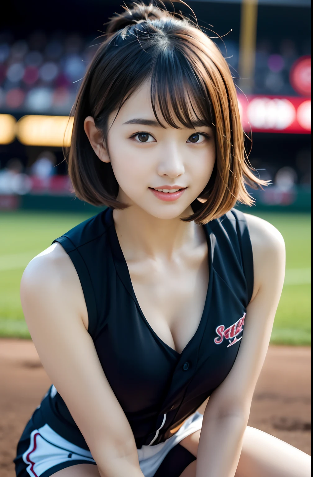 (8K, Raw photo, top-quality, ​masterpiece: 1.2), ​masterpiece, super detailing, Ultra-high decomposition energy A, (Realistic and realistic photos: 1.37), high-definition RAW color photography, Very delicate and beautiful., About Igree, 8K Wallpaper, astonishing, detaileds, extremely detailed eye, highlydetailed skin, extremely detailed fingers, highly detailed nose, highly detail mouth, perfect anatomia,1girll, (Baseball Uniforms), hazy, blured background, Blurred foreground, blush, braid, pectoral muscles, depth of fields, eyebrows visible through hair, Frild, hair between eye, Baseball Stadium, jewely, look up at viewer, Short hair, Sitting, Solo, Colossal tits、乃木坂アイドル、韓国アイドル、hposing Gravure Idol、 Star、18year old、tall、韓国アイドル、乃木坂アイドル、 Star、hposing Gravure Idol、((full body Esbian)), ((Gravure Pose))