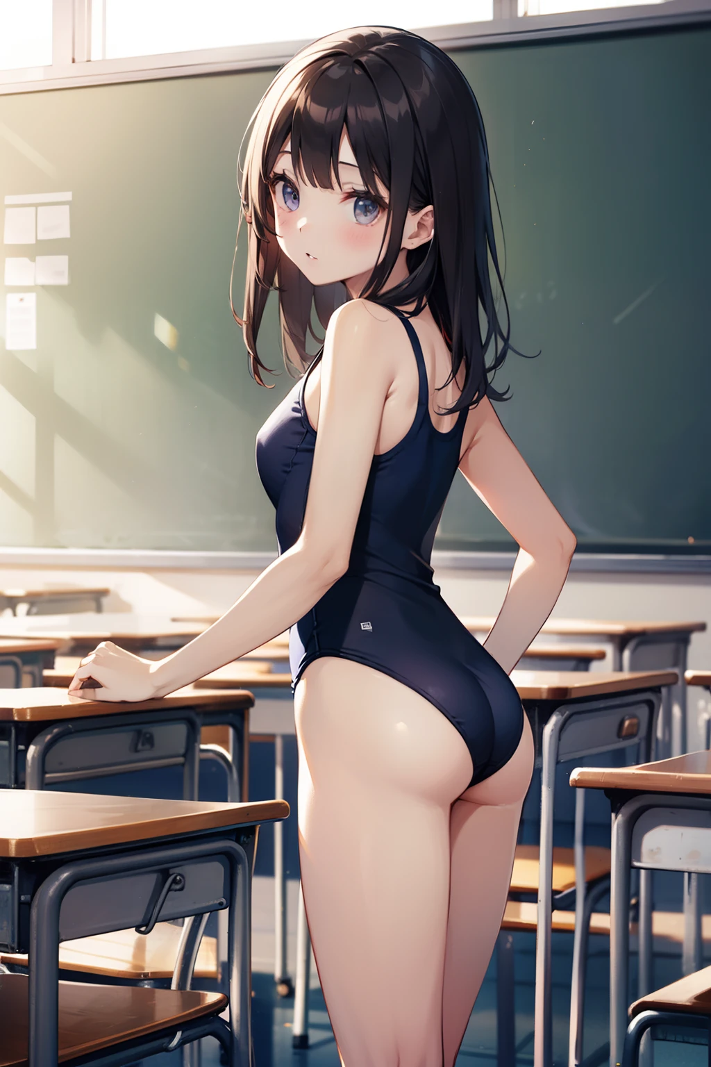 top-quality、Full limbs、complete fingers、Slender beauty、1 persons、School swim wear、swim wears、Classroom、s ass、Gesture of fixing the penetration