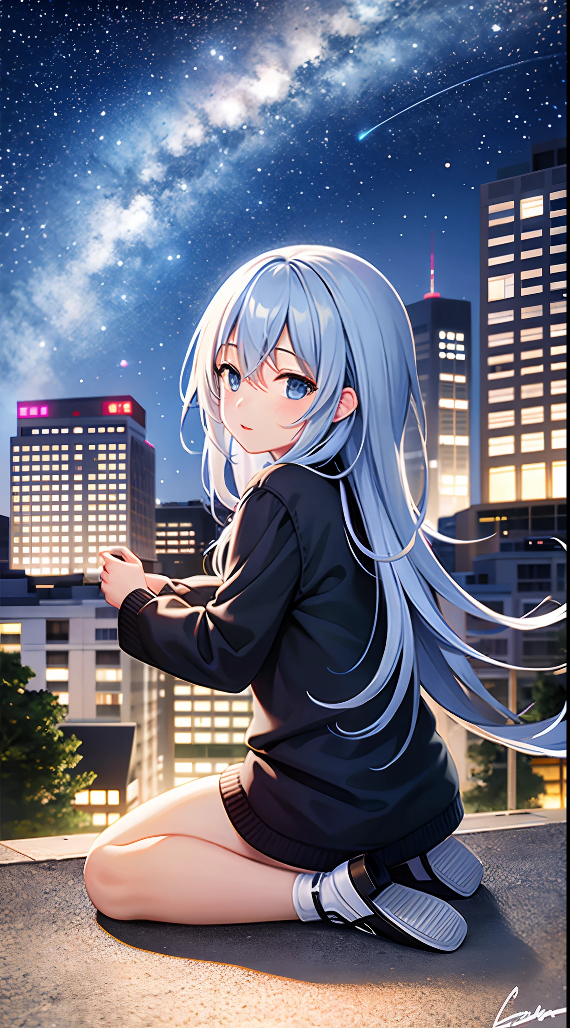 octane, sky, Star (sky), scenery, Starry sky, Night, 1girll, Night sky, Solo, Outdoors, signatures, Building, Cloud, Milky Way, Sitting, tree, Long hair, City, Silhouette, Cityscape