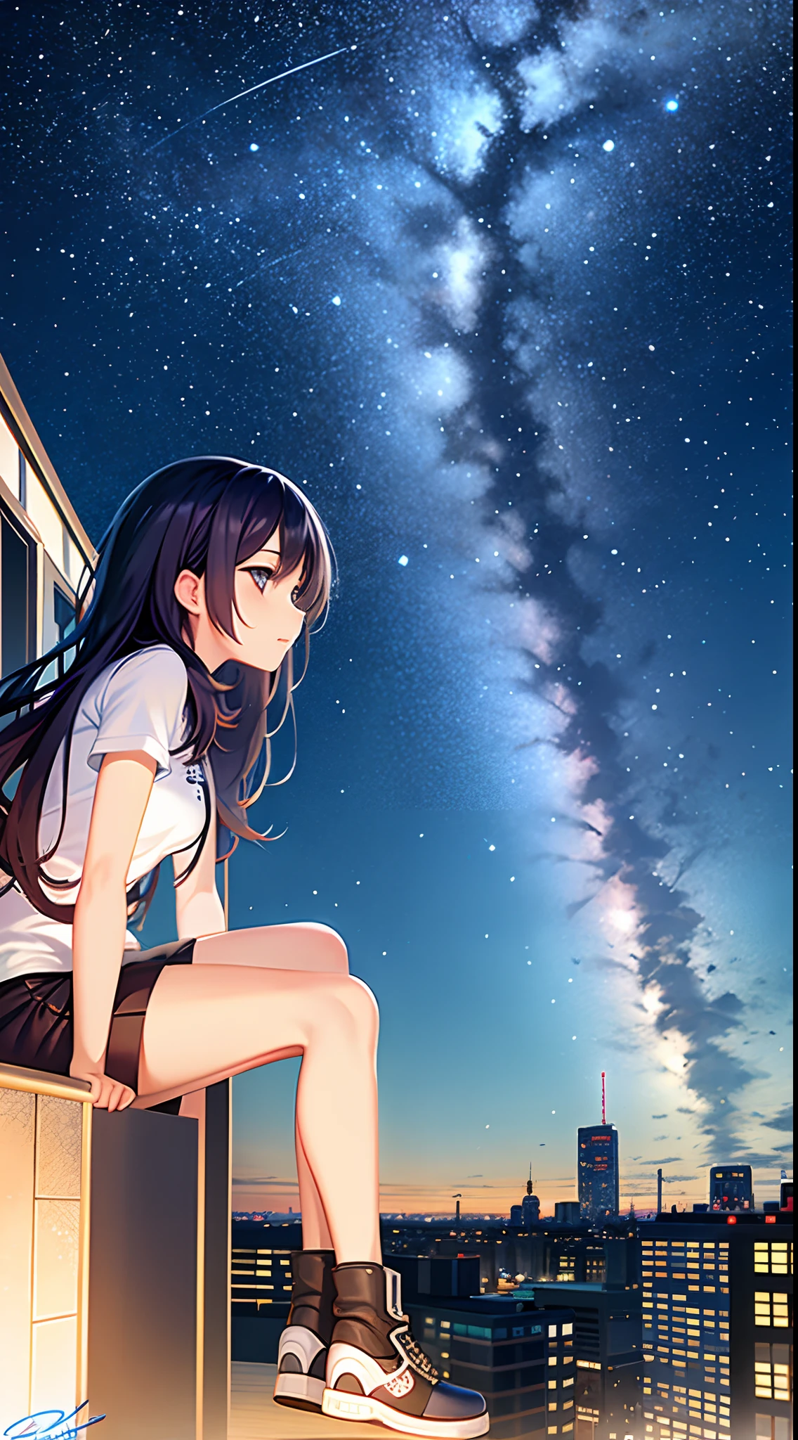 octane, sky, Star (sky), scenery, Starry sky, Night, 1girll, Night sky, Solo, Outdoors, signatures, Building, Cloud, Milky Way, Sitting, tree, Long hair, City, Silhouette, Cityscape