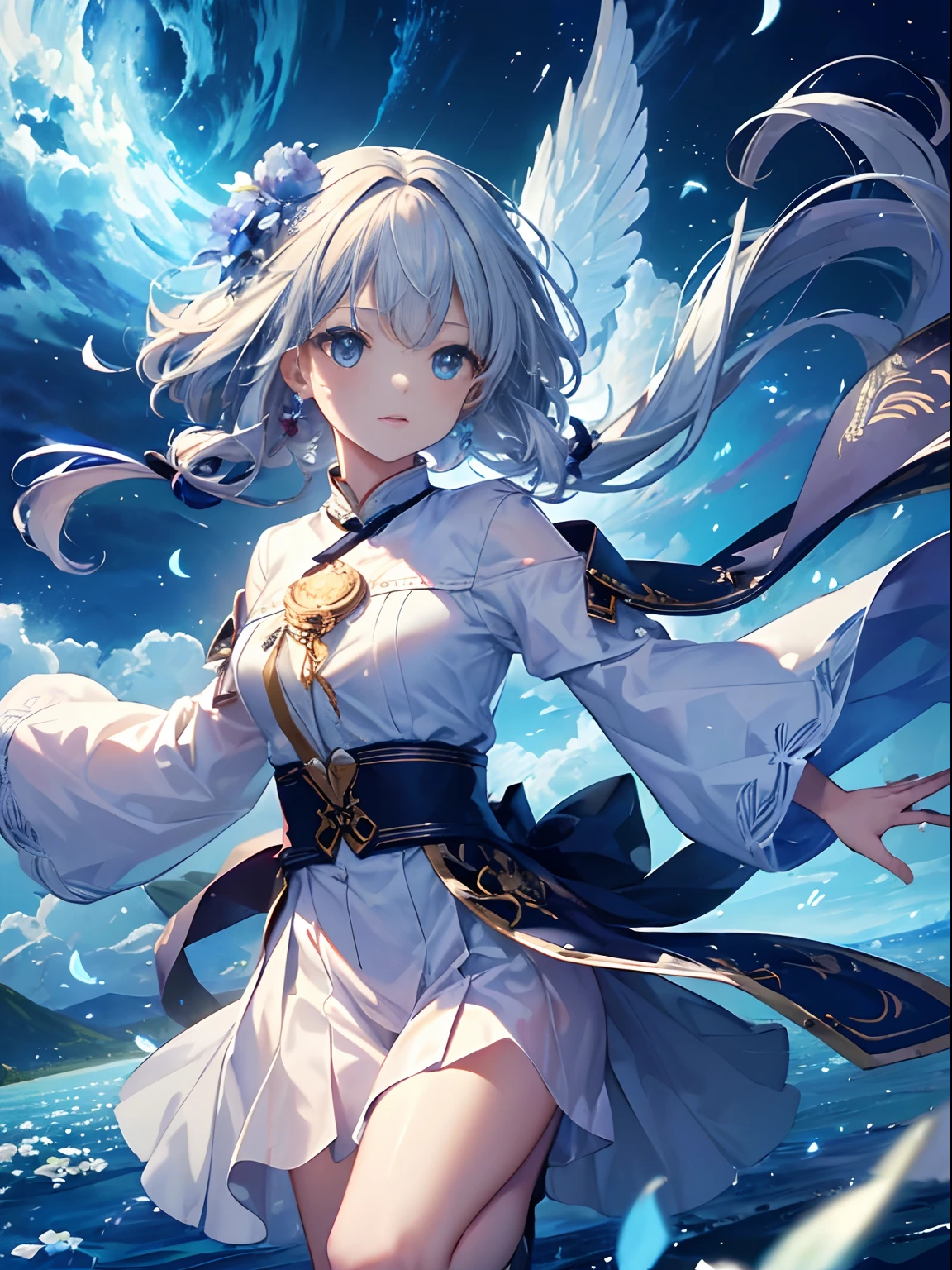 (((masterpiece)))、(((top-quality)))、((ultra-detailliert))、The Spirit of the Coming Earth、Wind Spirit、Wearing flowers that invite dreams、Running under the blue sky、stormy、
(Spring storms)