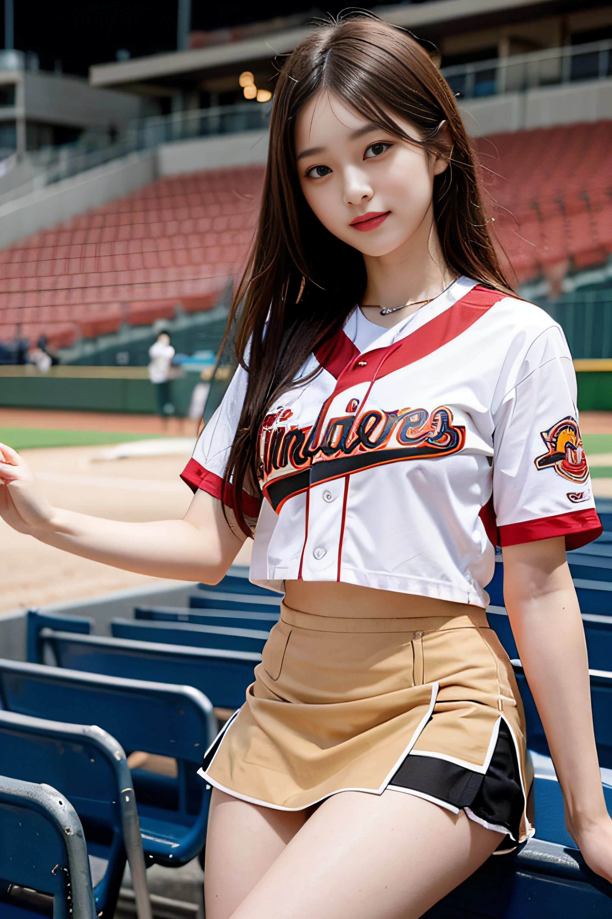 top-quality、hight resolution、ultra-detailliert、masterpiece、Raw photography:2、realisitic:2、Photorealsitic:2、extremely delicate and beautiful、finely detail、full-shot、1womanl、japanes、22year old、(Professional Baseball Team Cheerleading)、(Cheering seats in the stadium)、(beauitful face:1.5)、Cheering uniform、(a miniskirt:1.5)、tall、Brown hair、Wearing makeup、Textured skin、(Bare legs:1.5)、perfectly proportions
