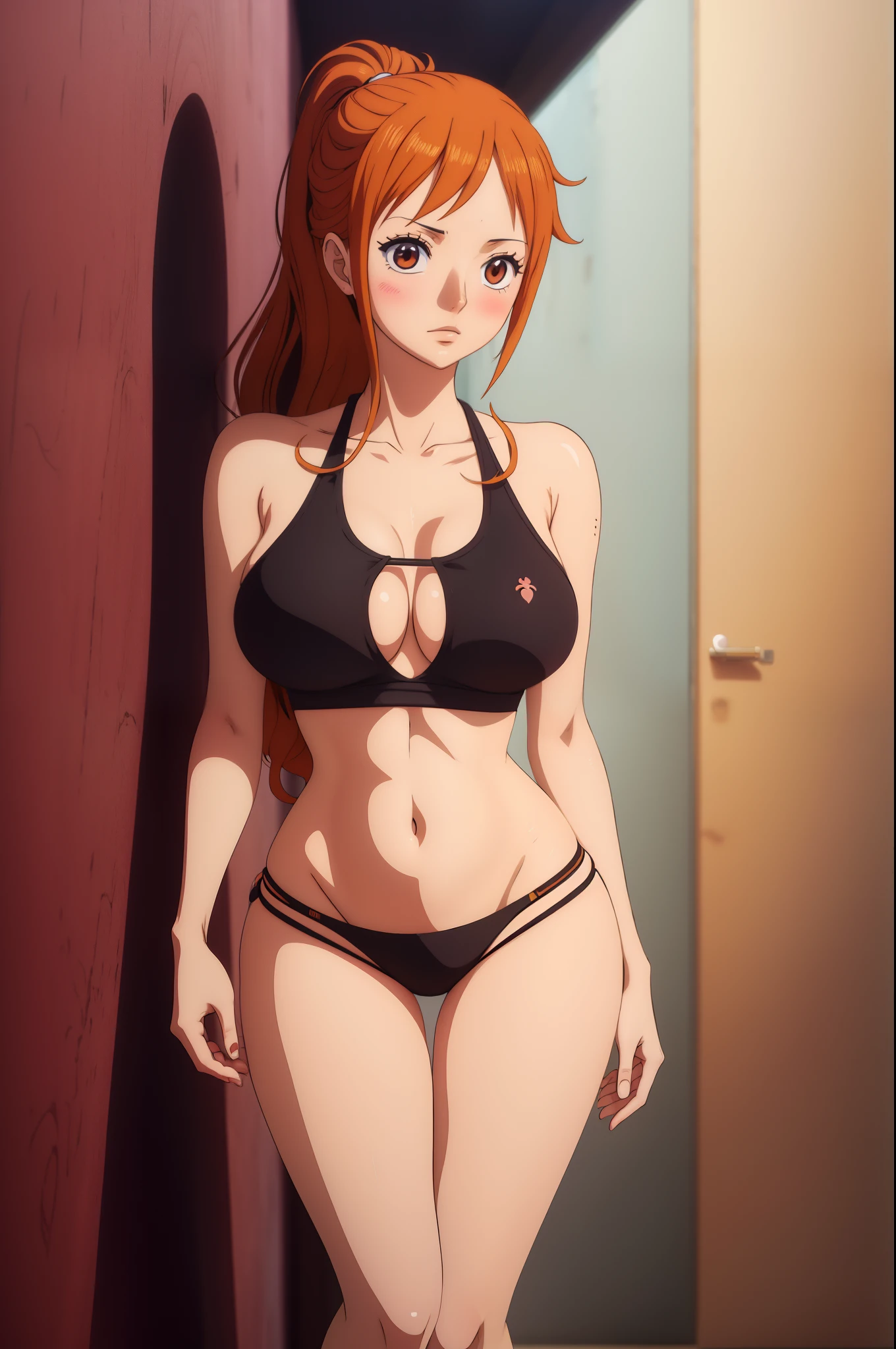 (ANIME ART STYLE), nami from one piece, brown eyes, wearing black thong bikini, blushing, yoga, big breasts, full body head to feet, wall background, (NSFW), (ANIME ART STYLE),