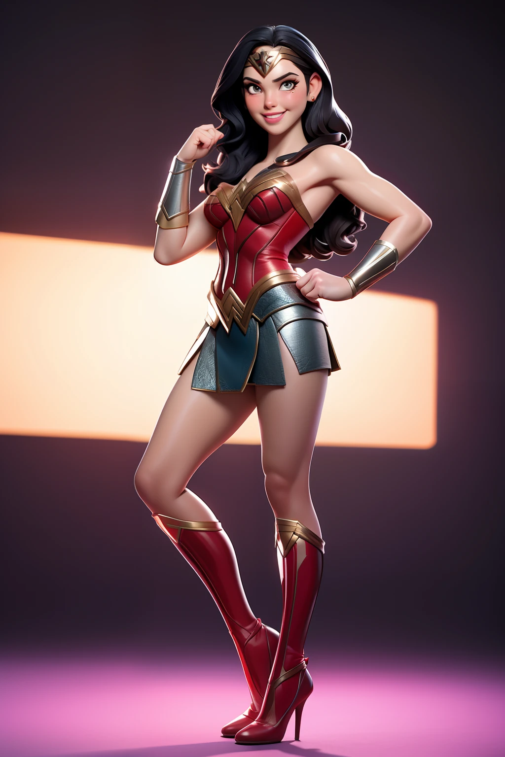 Wonder woman, Portrait photography by Altgarm, realism style, Glowing skin, Cartoon hero, Natural light, Defined lips, Strong physical strength, Feminine body, Full body, viewer, (Smile:1.2), Depth of field f/1.8, studio shot, (((looking in camera))), Camera orientation, ellen von unwerth, (Sexy Pose:1.5)