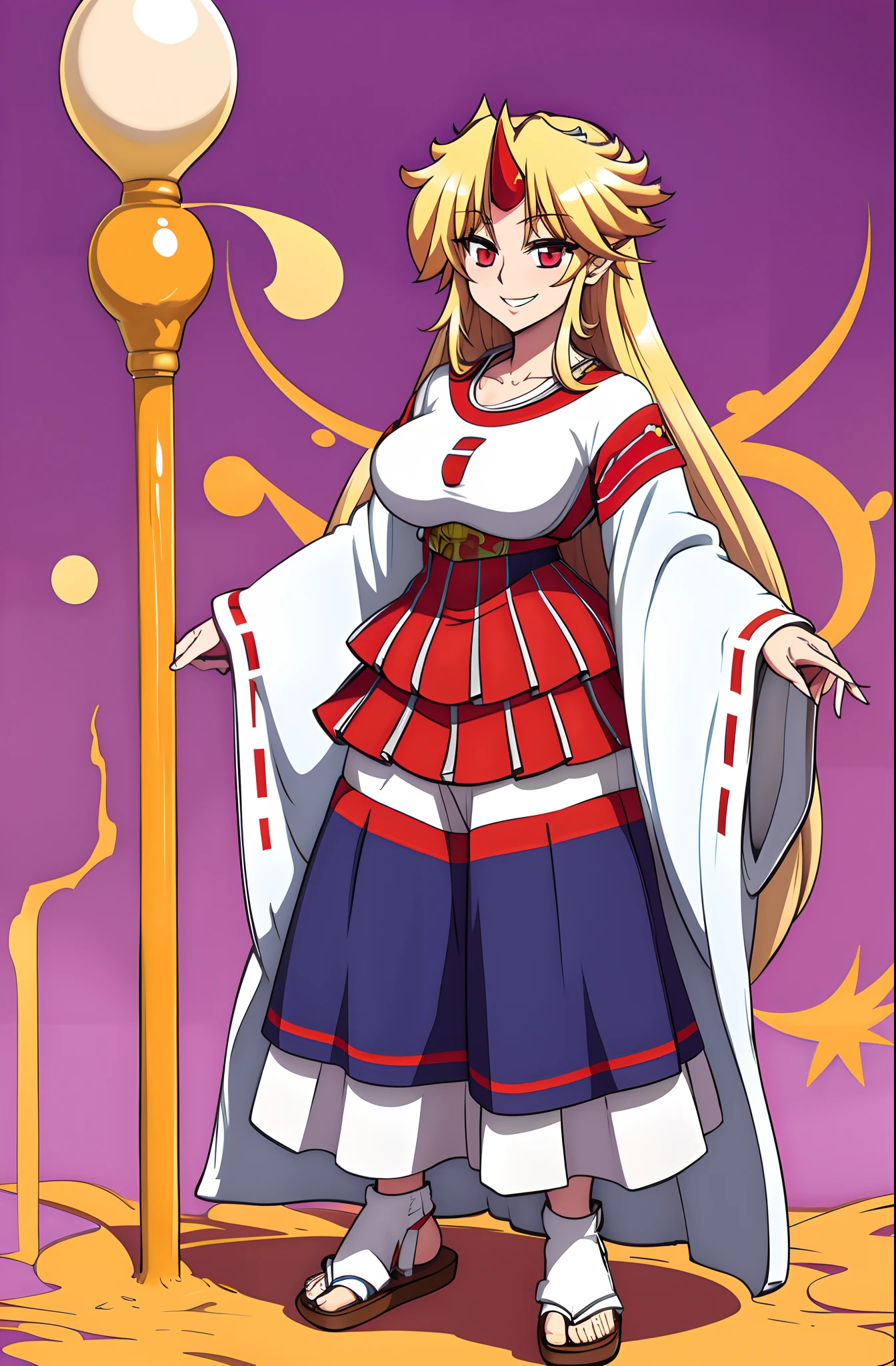 hoshiguma yuugi,medium breast , large skirt, traditional german clothing, bloon hair, red eyes, single horn,oni, closed pullover,long skirt,full body, standing, smile, flipflops