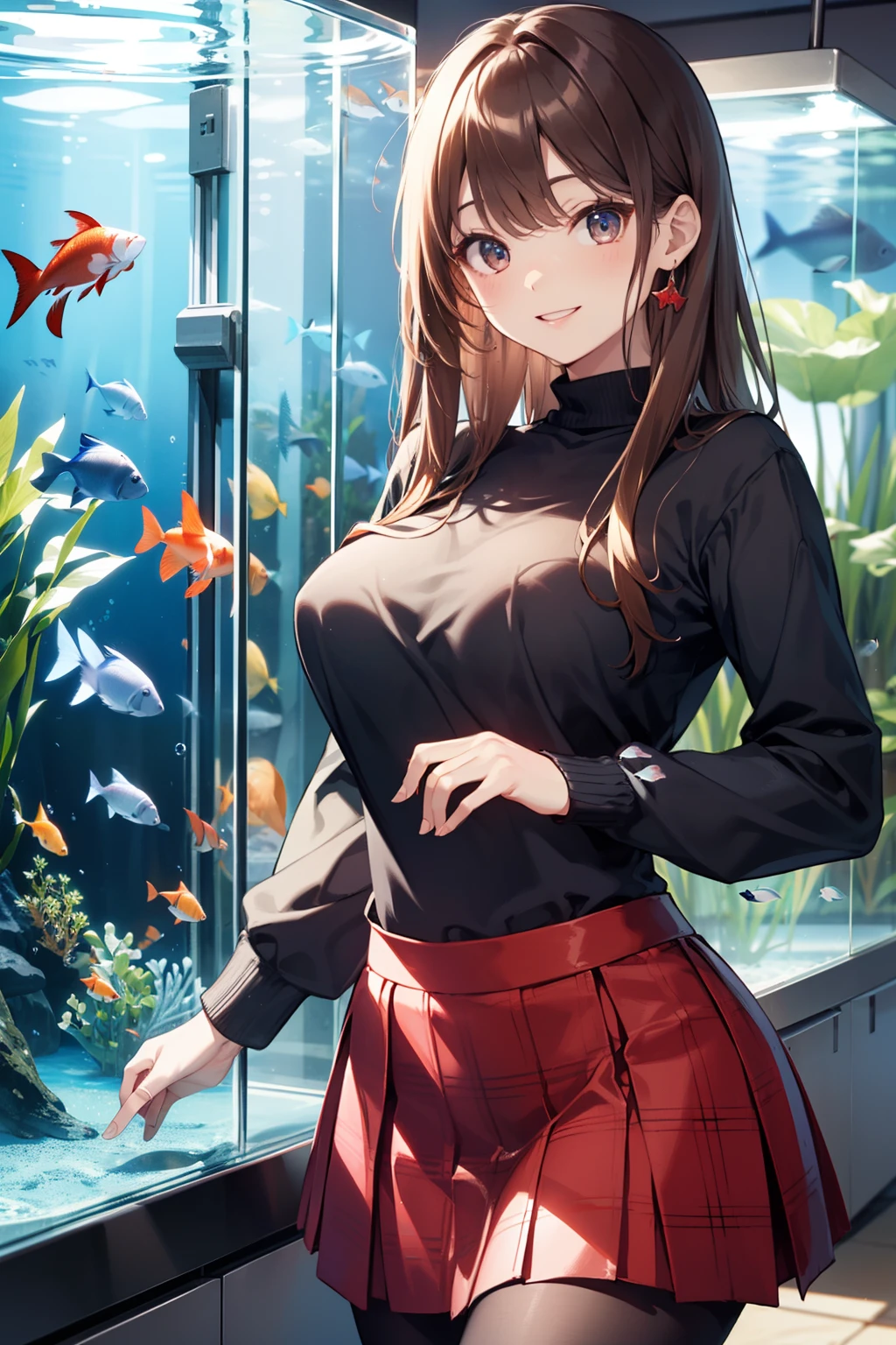 top-quality、Full limbs、complete fingers、Slender beauty、straight haired、Brown hair、((Black Long Sleeve Knit Top))、((Red Mini Flared Skirt))、Brown pantyhose、Beautiful Large Breasts、aquariums、High ceiling、Huge aquarium、Inside the aquarium、School of fish in the aquarium、Watching fish、A big smile