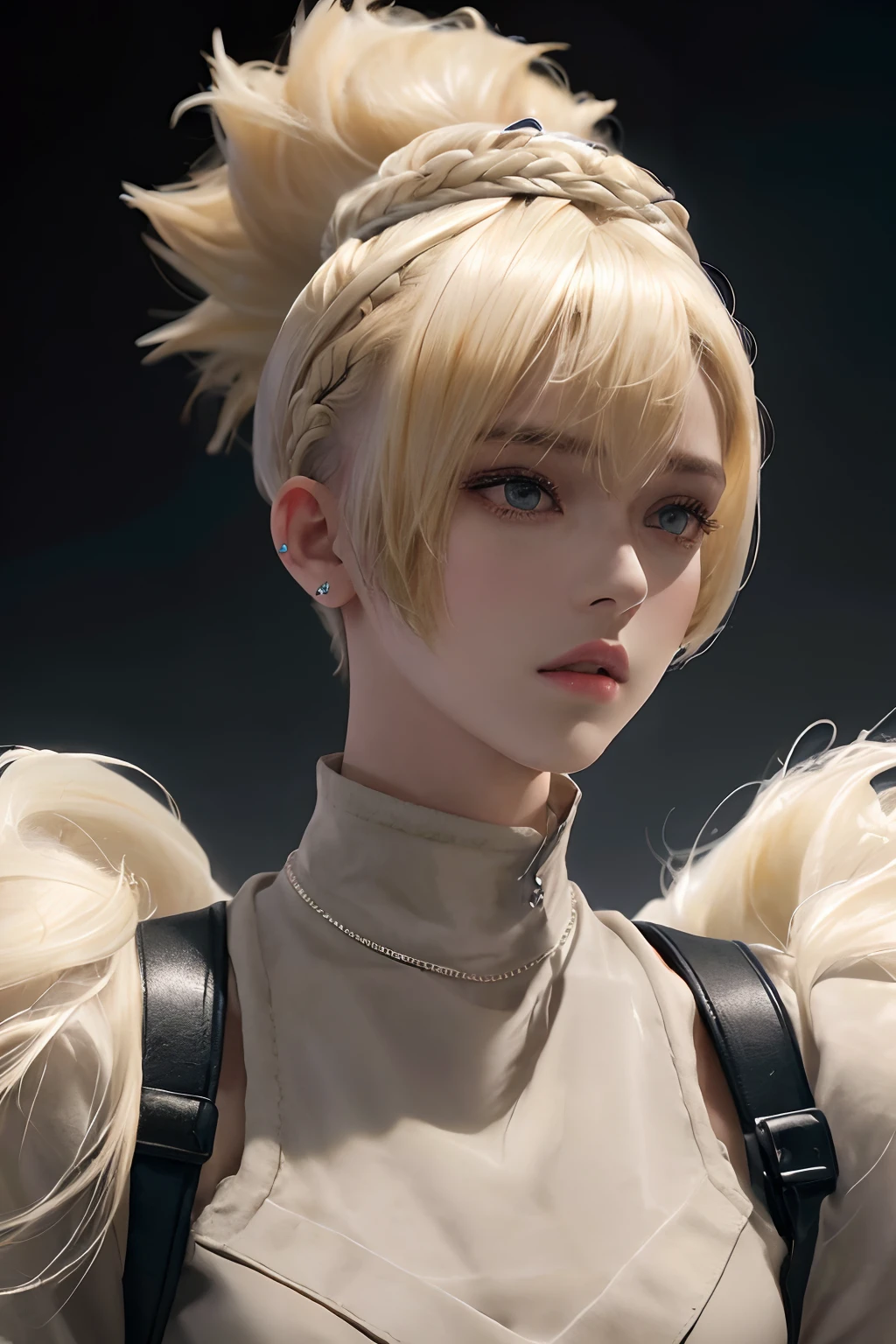 a 20 yo woman, Blonde, (hi-top fade:1.3), Dark theme, Soothing tones, Muted colors, High contrast, (Natural Skin Texture, Hyper-Realism, Soft light, sharp),Big hair accessory on the head