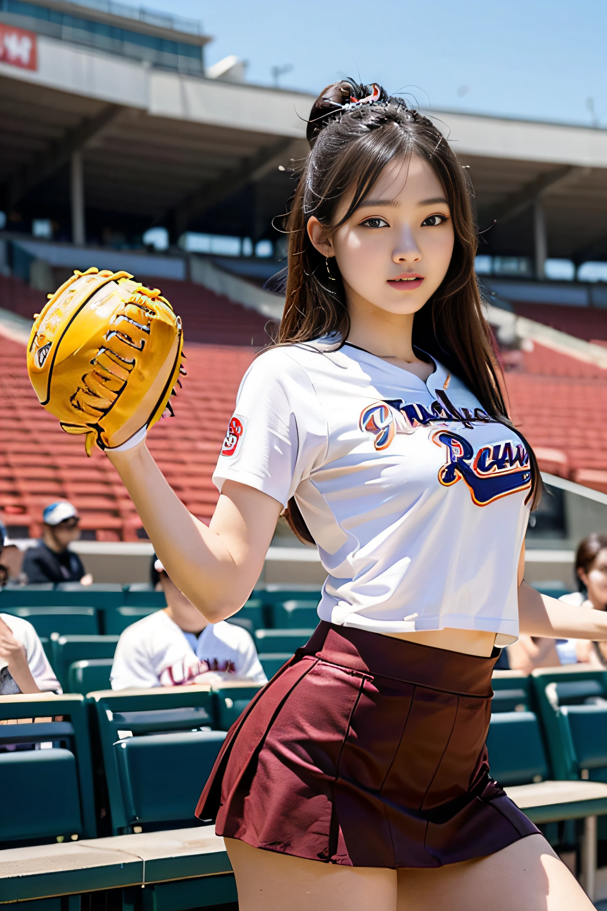 top-quality、hight resolution、ultra-detailliert、masterpiece、Raw photography:2、realisitic:2、Photorealsitic:2、extremely delicate and beautiful、finely detail、full-shot、1womanl、japanes、22year old、(Professional Baseball Team Cheerleading)、(Cheering seats in the stadium)、(beauitful face:1.5)、Cheering uniform、(a miniskirt:1.5)、tall、Brown hair、Wearing makeup、Textured skin、(Bare legs:1.5)、perfectly proportions