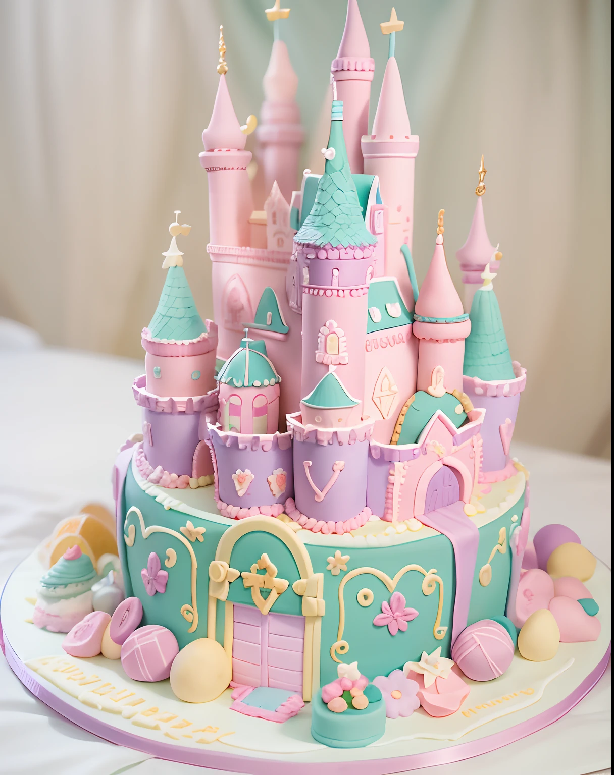 A detailed cake with castle shape, cute, Pastel colors, In a bakery, (cake:1.3), masterpiece, best quality, beautiful slim girl, wearing an apron, small waist, wide hips, beautiful girl, chyler Leigh