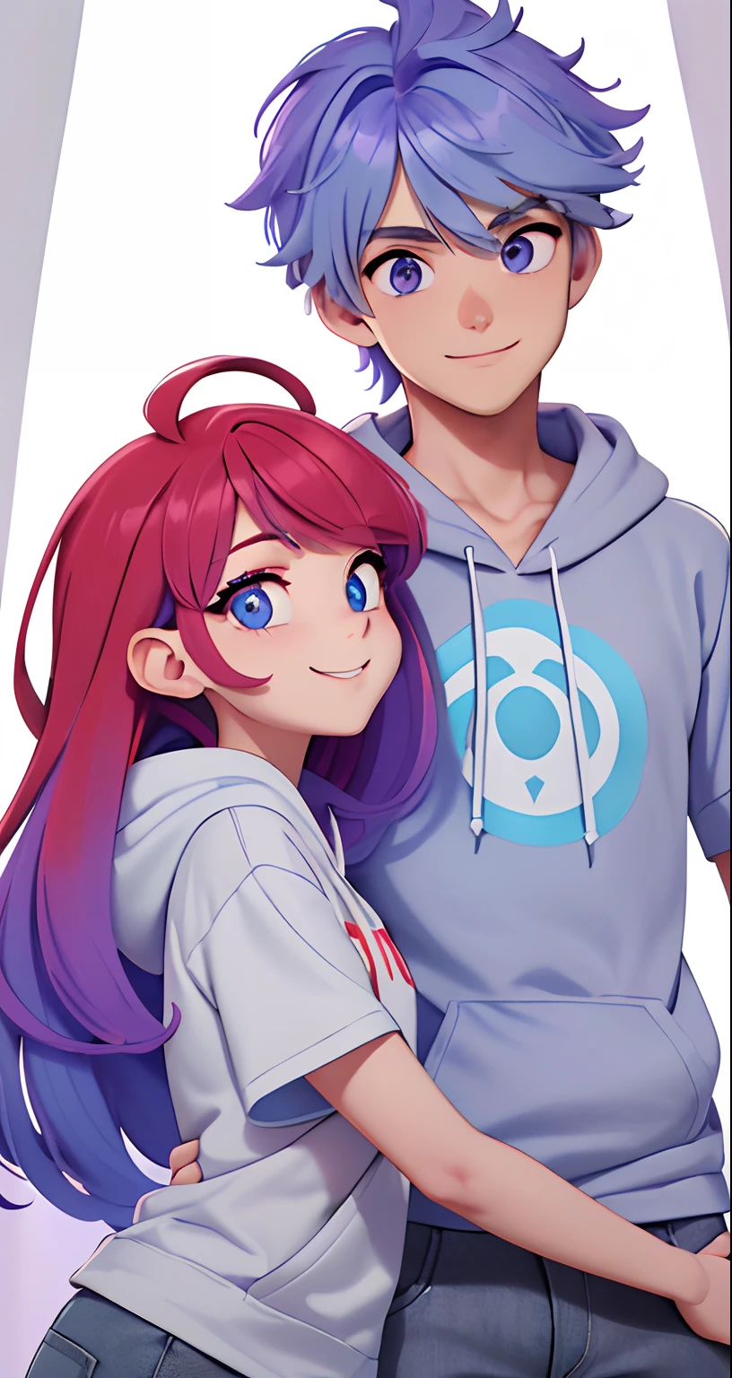 1girl and 1 boy ,(1girl hoodie purple, long light blue hair , blue eyes, sexy cute,hair down)) ,((1boy  long t shirt white grey pants ,shirt hair messy boy cut, red hair, violet eyes , smile gently, handsome,)) loves 1girl, 1girl and 1 boy hanging out holding a ice cream and staring each other
