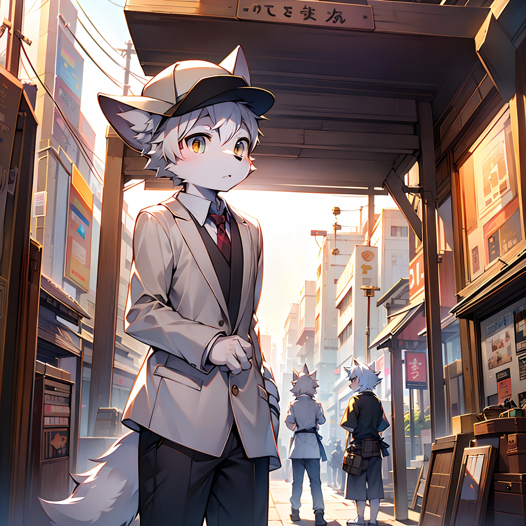 shaggy,furred,bodyfur,城市,the street,独奏,short- sleeved,BREAK BREAK BREAK,AOEU,AOEU,Blue-white fur,White-blue hair,Orange eyes,eyes with brightness,The upper ears are half white and the lower ones are half blue,large tail,Single tail,White hands and feet,Pink meat pad