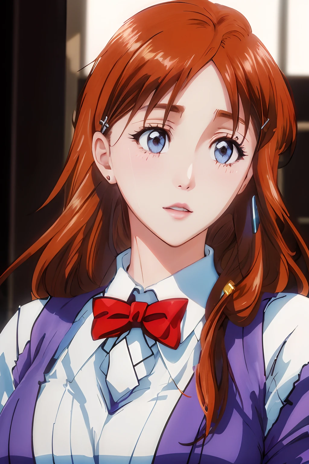 (masutepiece, Best Quality:1.2), Cowboy Shot, Solo, female focus, 1boy, inoue orihime,slight smile, Looking at Viewer, Orange hair, Light blue eyes, Komono, 校服