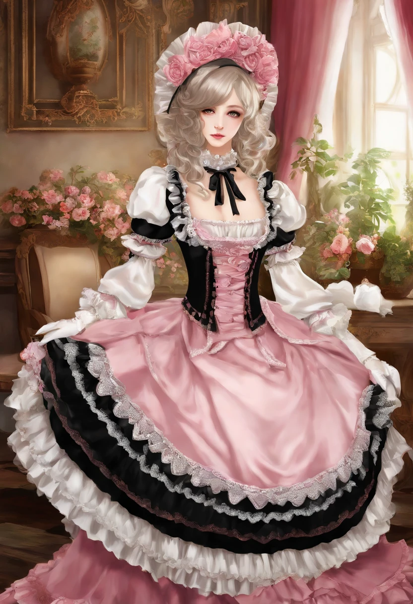 Arafe in a pink and black dress and hat, Takanobu Fujiwara(Takanobu Fujiwara)Digital rendering inspired by, pixiv, rococo, Victoria Gothic Lolita Fashion, Lolita Style, Rococo Queen (Rococo Queen) (Rococo Queen (Rococo Queen)) (Rococo Queen (Rococo Queen) (Rococo Queen (Rococo Queen))), gothic maiden anime girl, rococo dress, anime girl in a maid costume, lolita fashion, Catboy's cosplay! Maid! one-piece