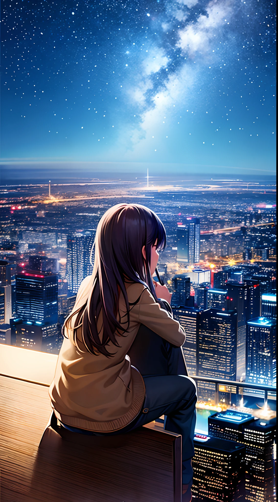 Anime girl sitting on ledge looking at city at night - SeaArt AI